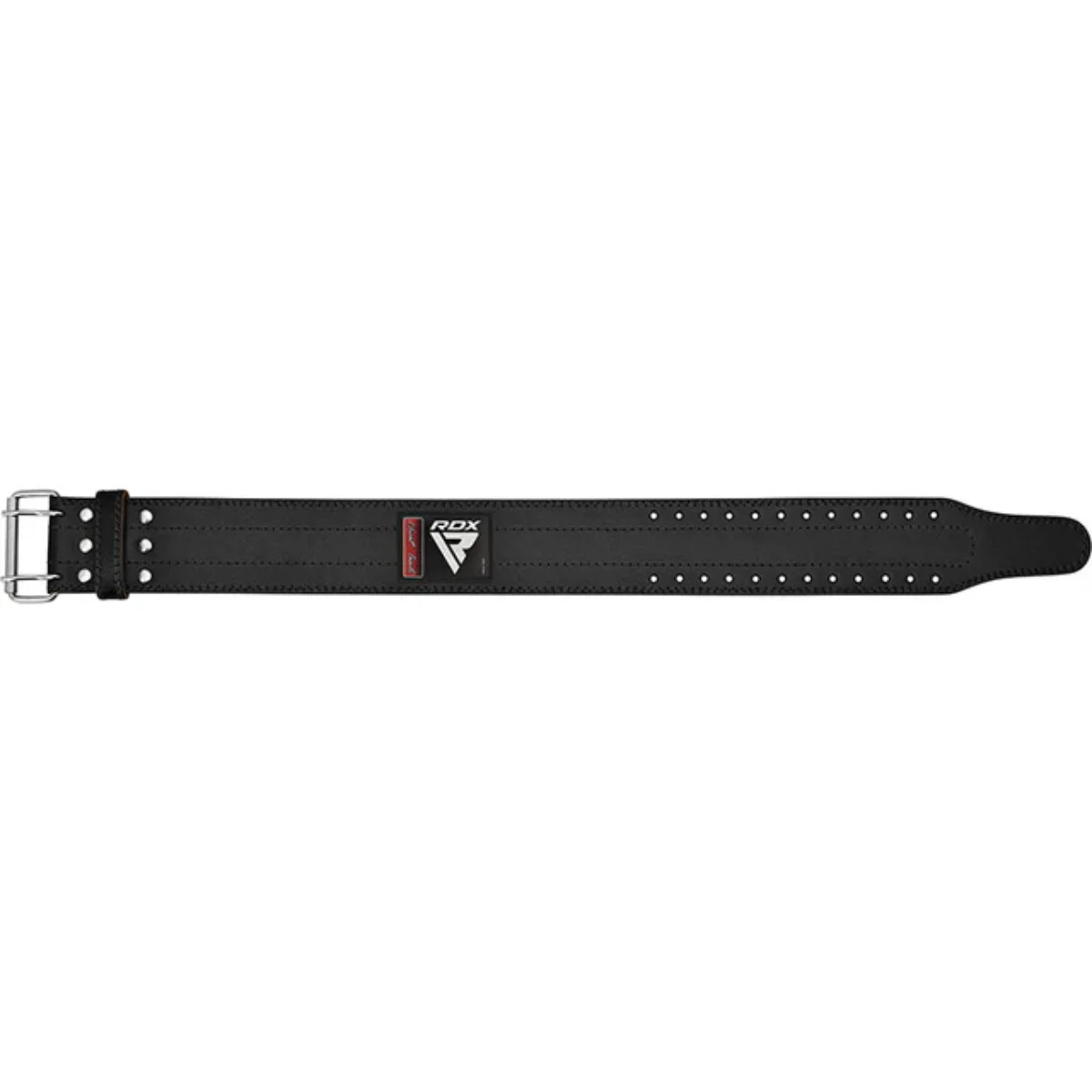 Black weightlifting belt with the logo RDX. The background is white.