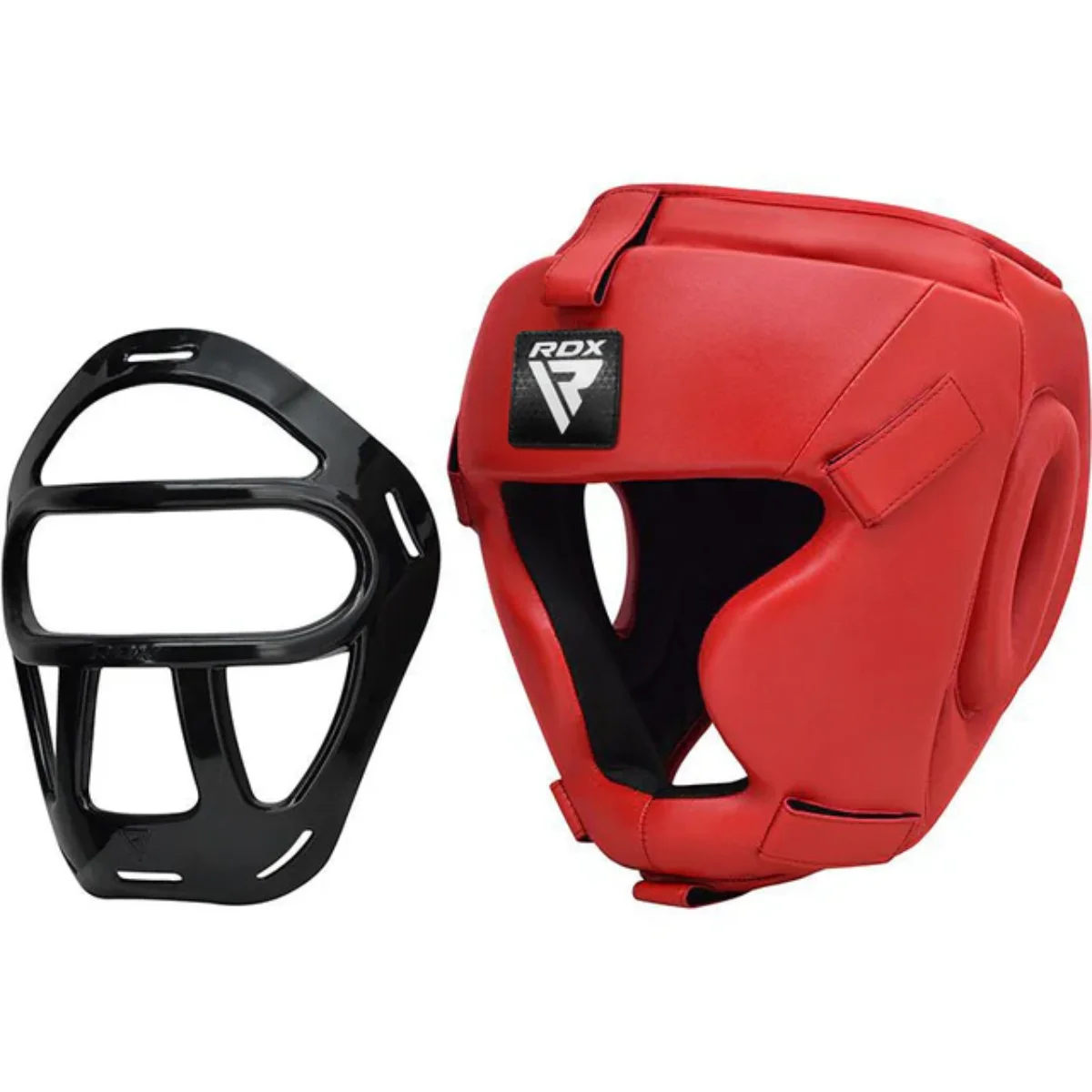 Rode en zwarte RDX bokshoofdbescherming met een aparte zwarte gelaatsbeschermer. Wit RDX logo.