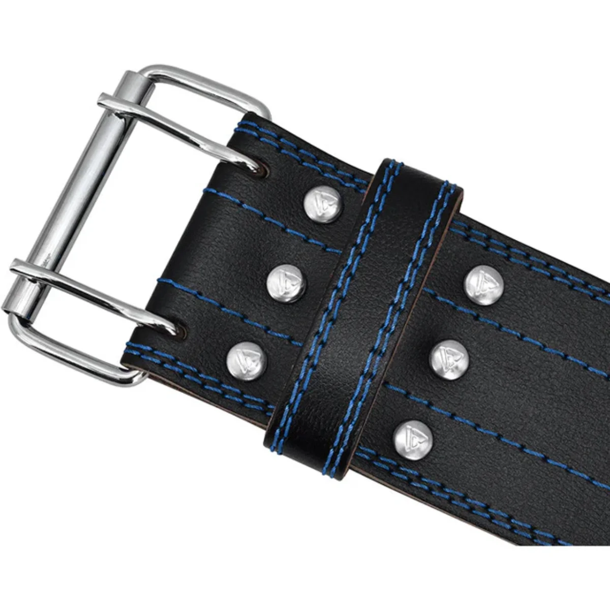 Black weightlifting belt with blue stitching and silver rivets. Metal buckle.