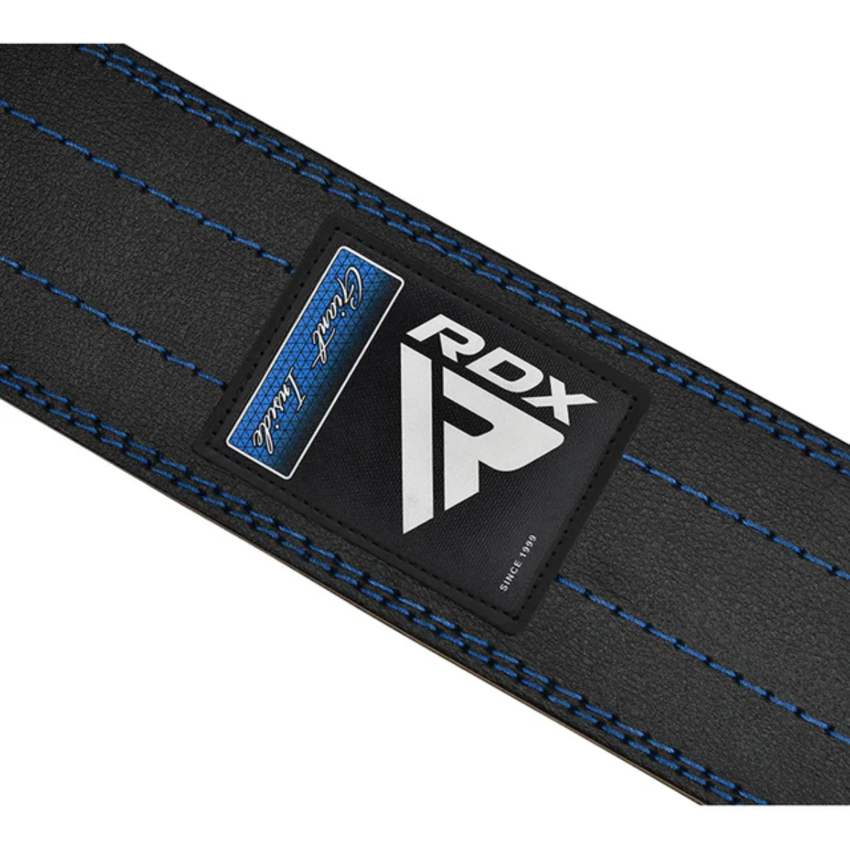 Black RDX weightlifting belt, blue stitching. The RDX logo is visible.