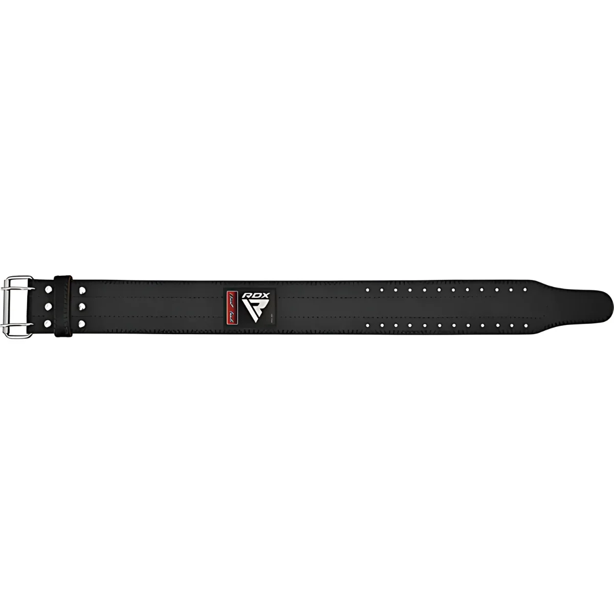 Black weightlifting belt, showing buckle and rivets. RDX logo on the belt.