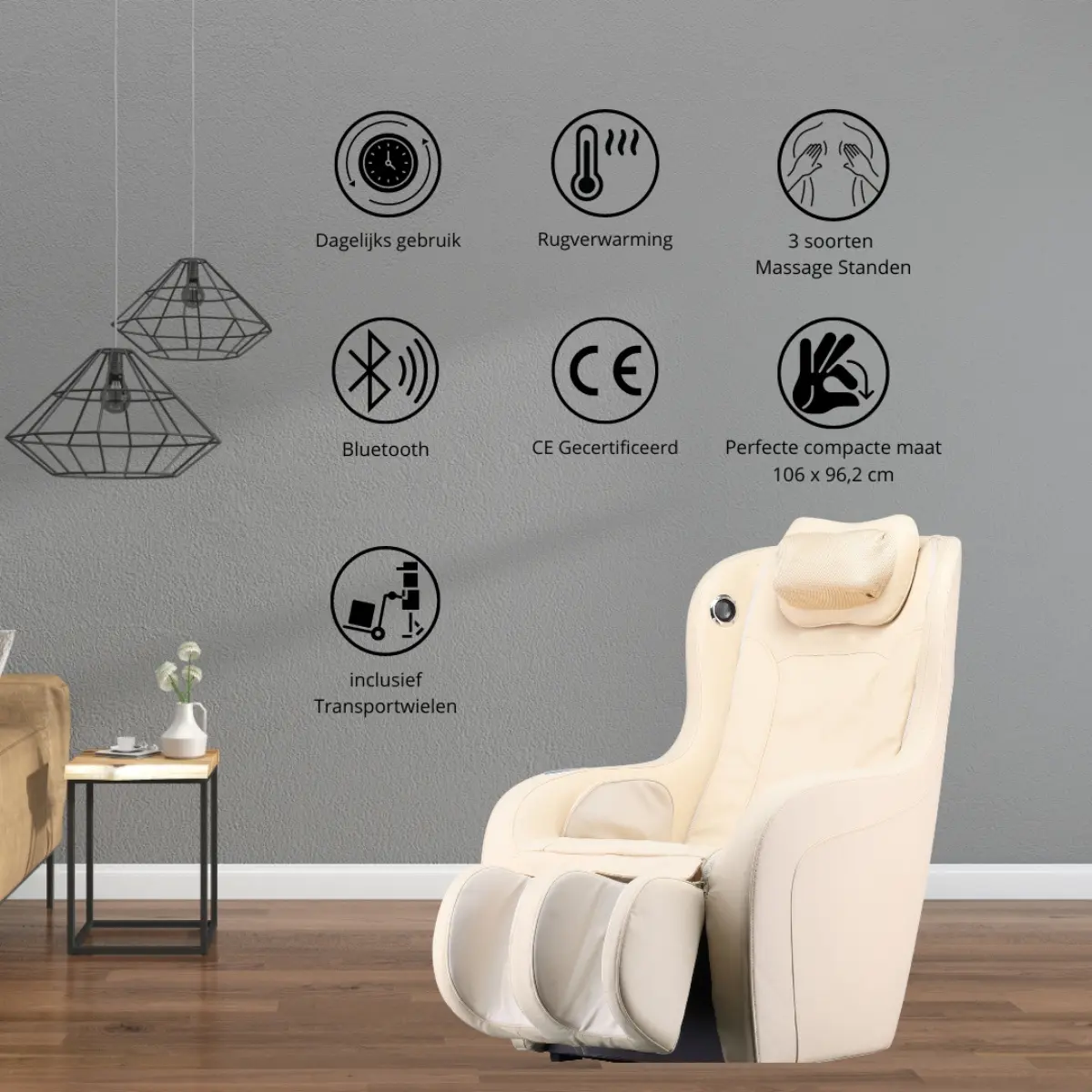 Cream massage chair with icons of features. Includes bluetooth, massage and transport wheels.