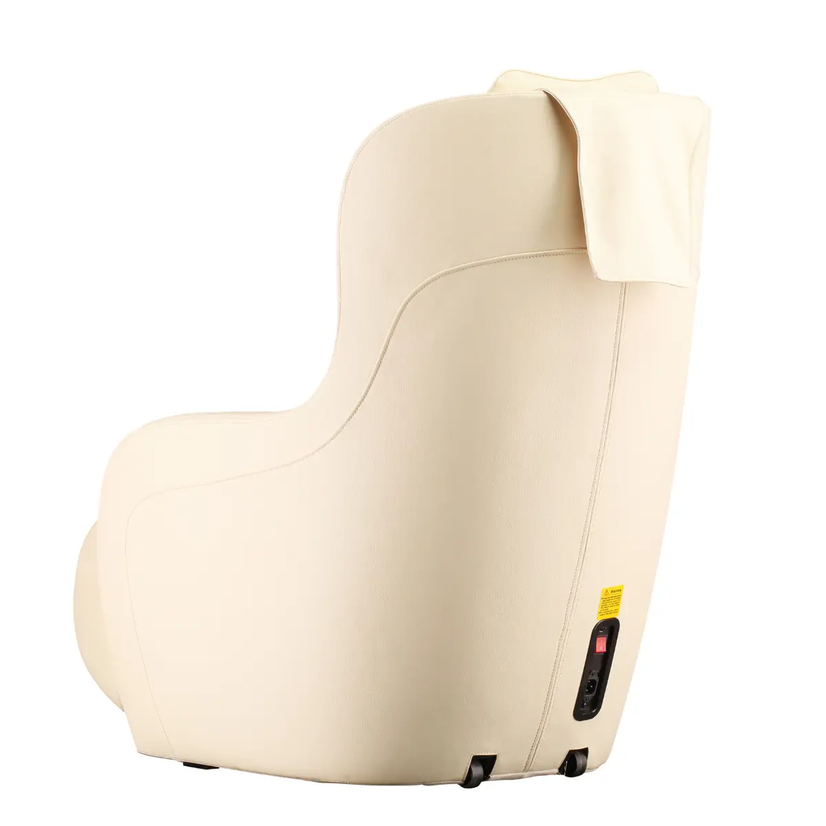 Cream-colored massage chair. Back view, power plug, and controls visible.