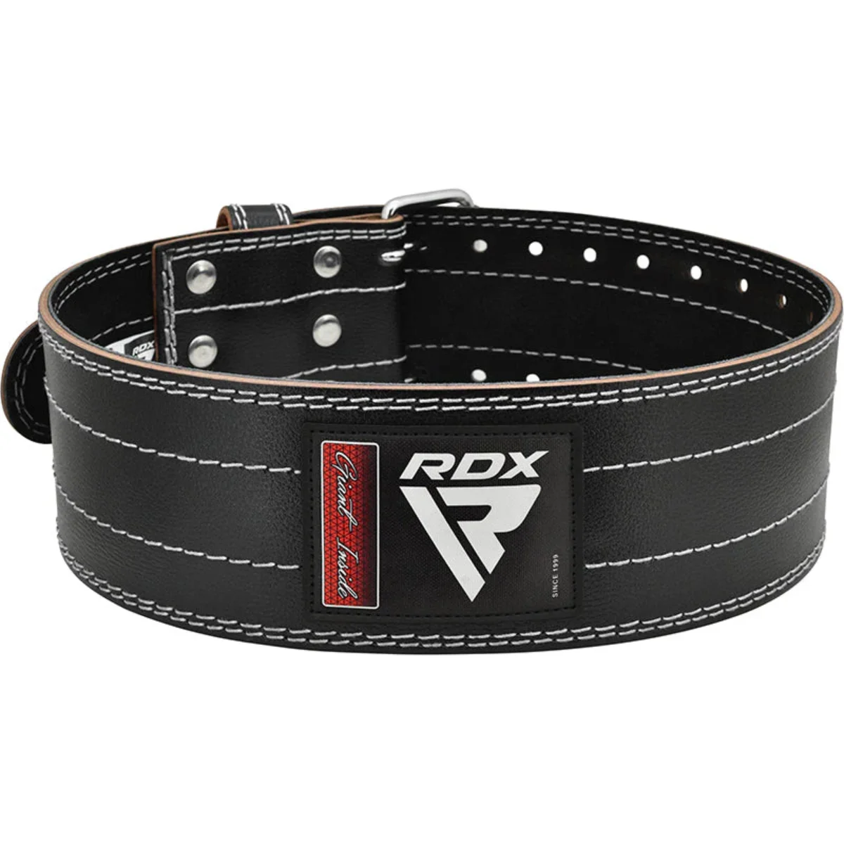 Black weightlifting belt with the logo RDX. The background is white.
