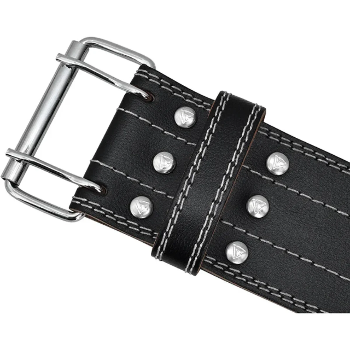 Black weightlifting belt with metal buckle. The background is white.