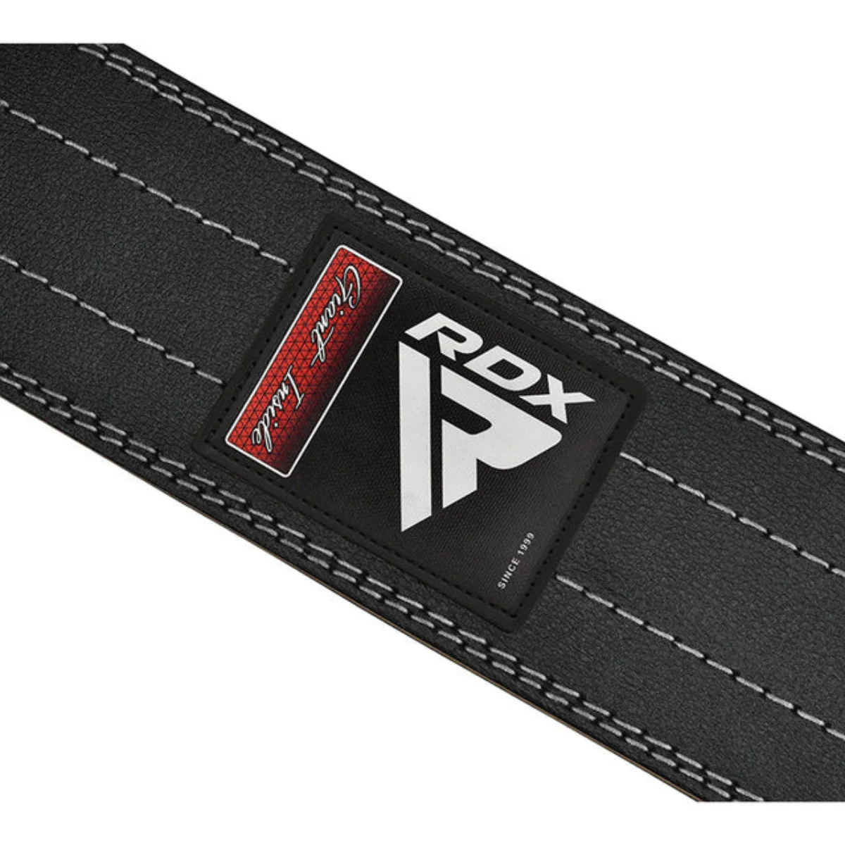 Black weightlifting belt with white stitching and RDX logo. 'Grunt Inside' label is visible.