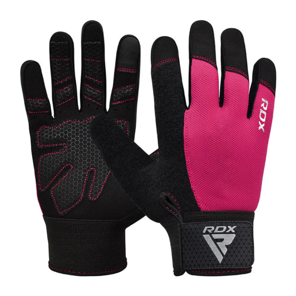 Zwarte en roze gewichthefhandschoenen met RDX-logo op de polsband.