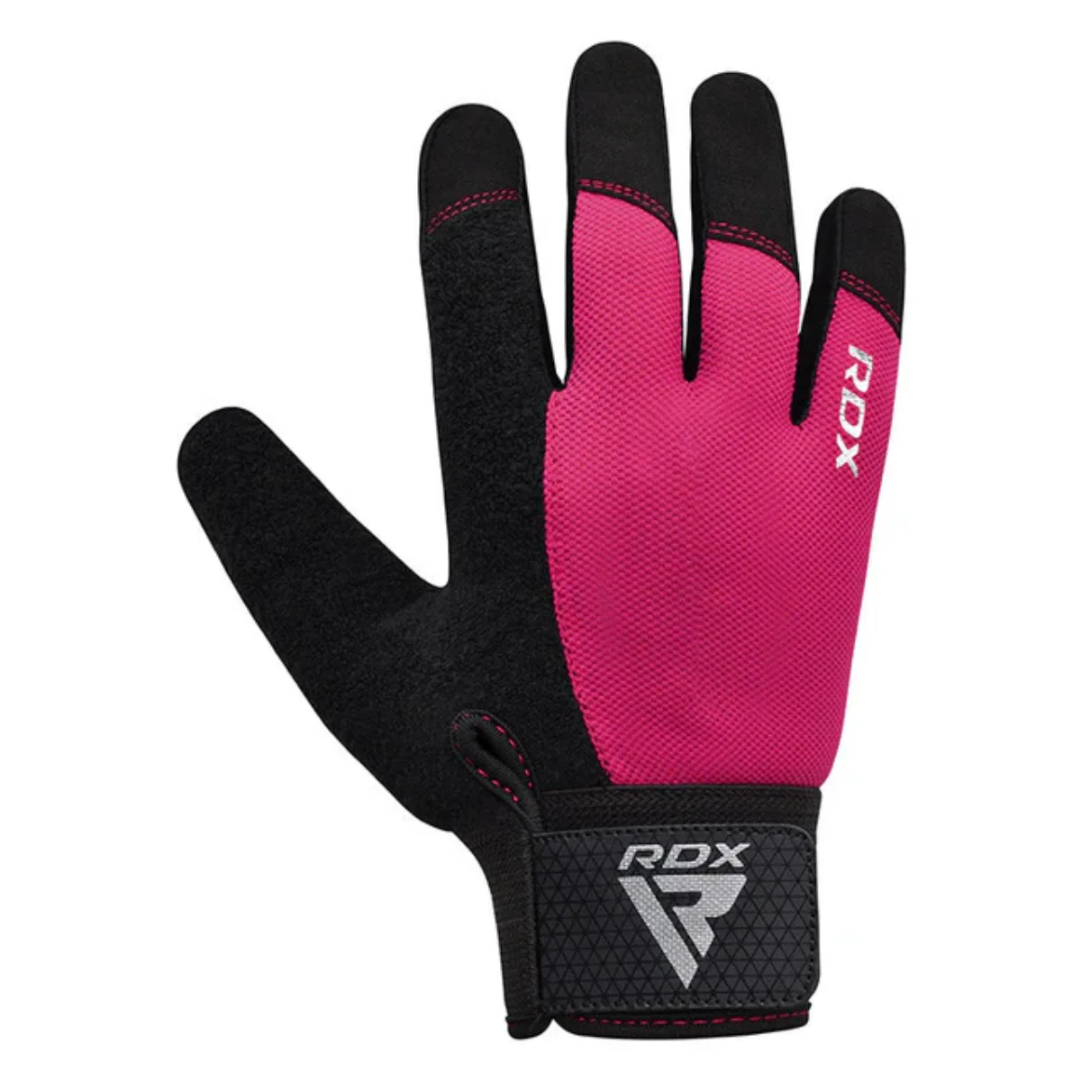 Roze en zwarte vingerloze handschoenen. Het merk 'RDX' is zichtbaar op de pols en de rug.