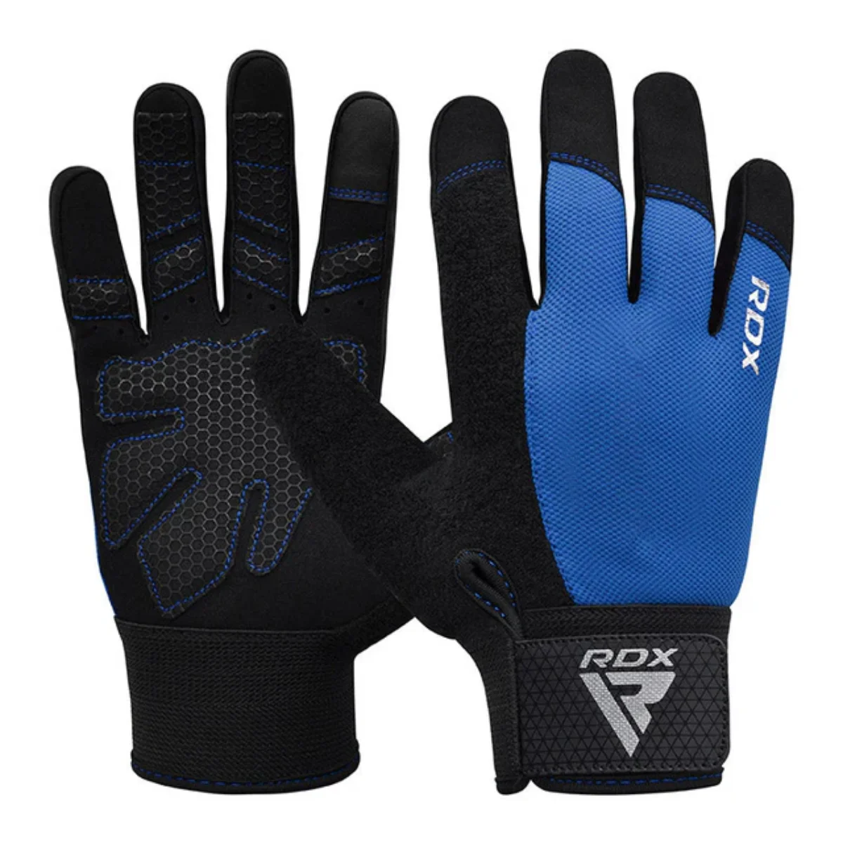 Gants d'entraînement noirs et bleus. Motif hexagonal sur les paumes. Logo RDX sur la sangle de poignet.