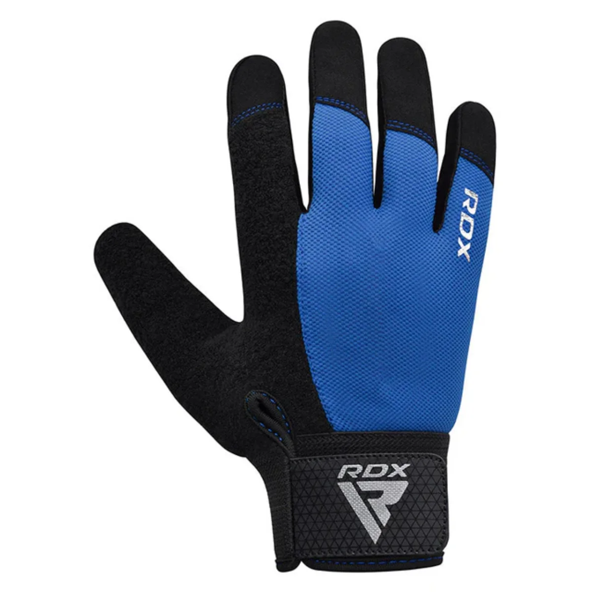 Gant de boxe noir et bleu. Le gant porte le texte RDX.