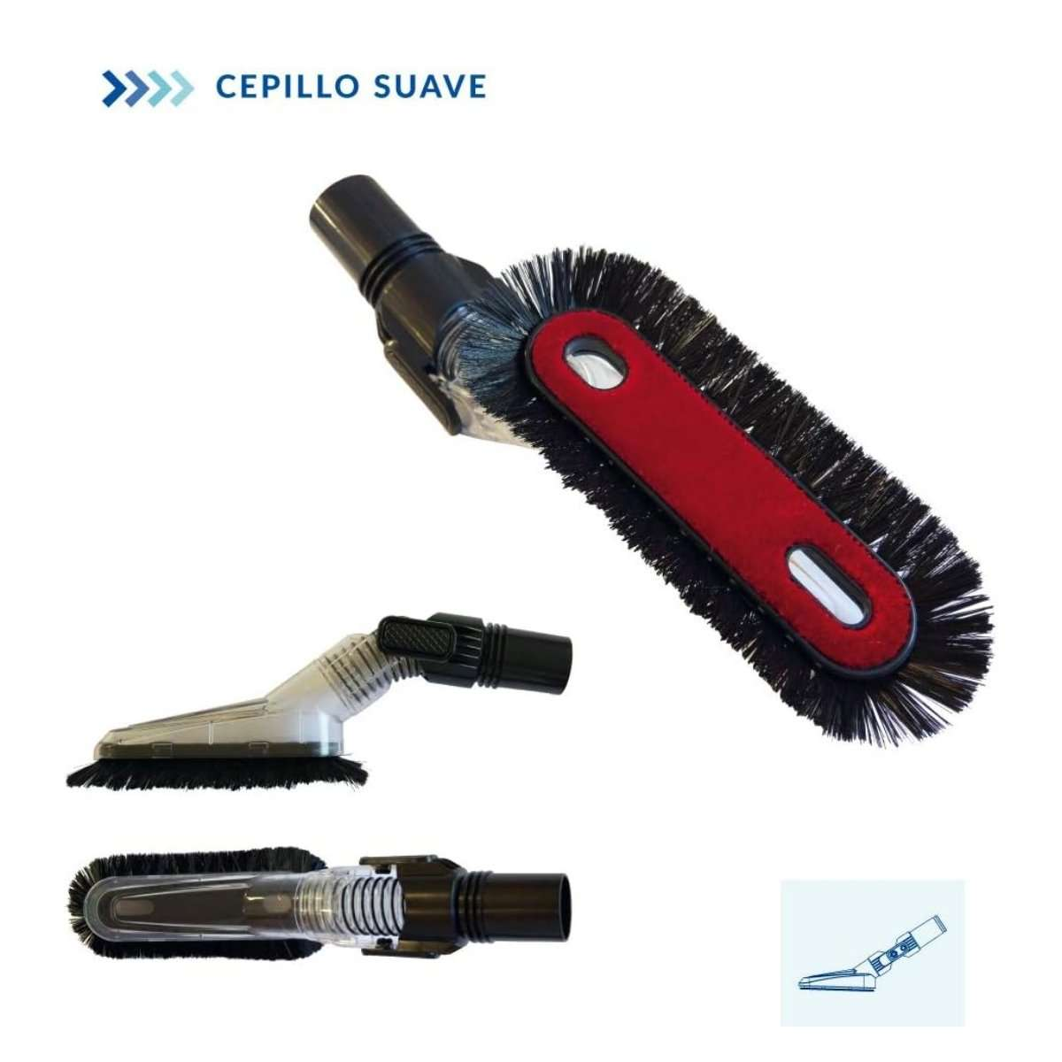 Tres accesorios de cepillo para aspiradora: uno rojo, uno blanco y uno transparente con cerdas negras.