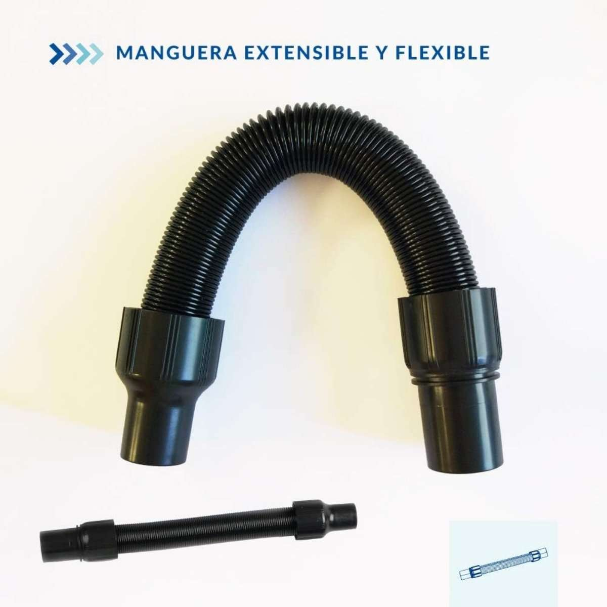 Manguera flexible negra con conectores en ambos extremos. Una versión más pequeña debajo.