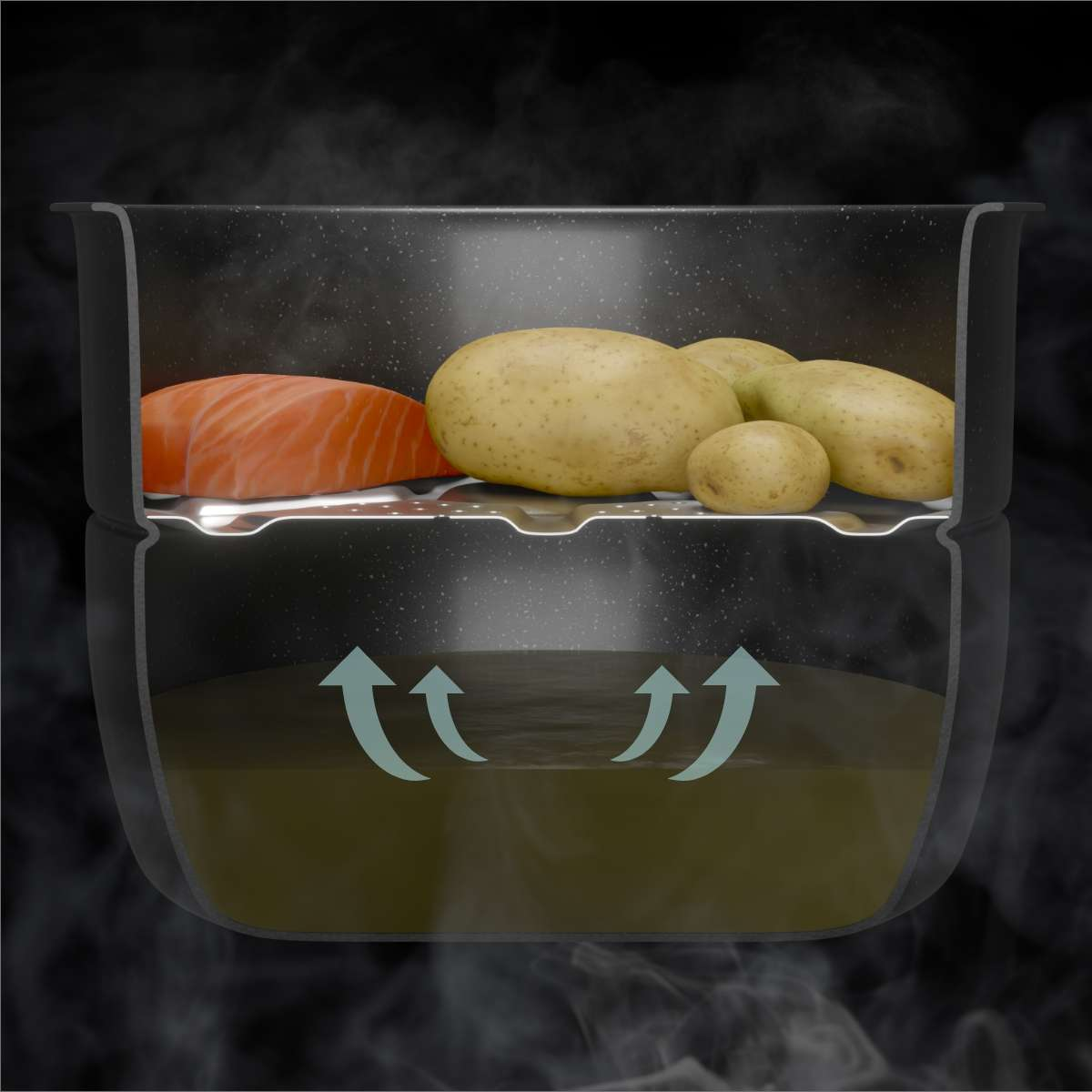 Olla de cocción al vapor con salmón y patatas dentro, sobre un fondo oscuro.