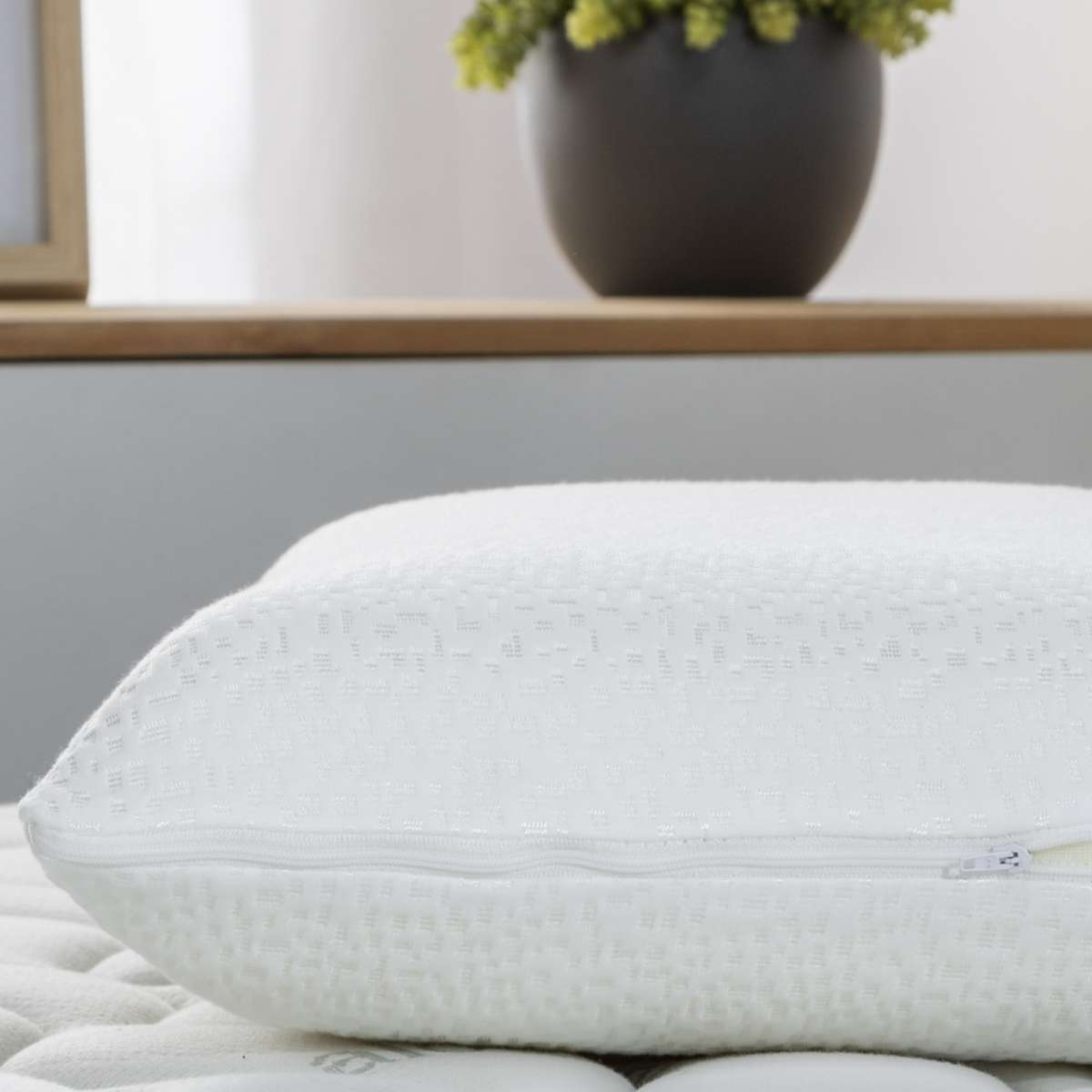Almohada blanca con cremallera, sobre una cama. Planta verde en estante de madera en el fondo.