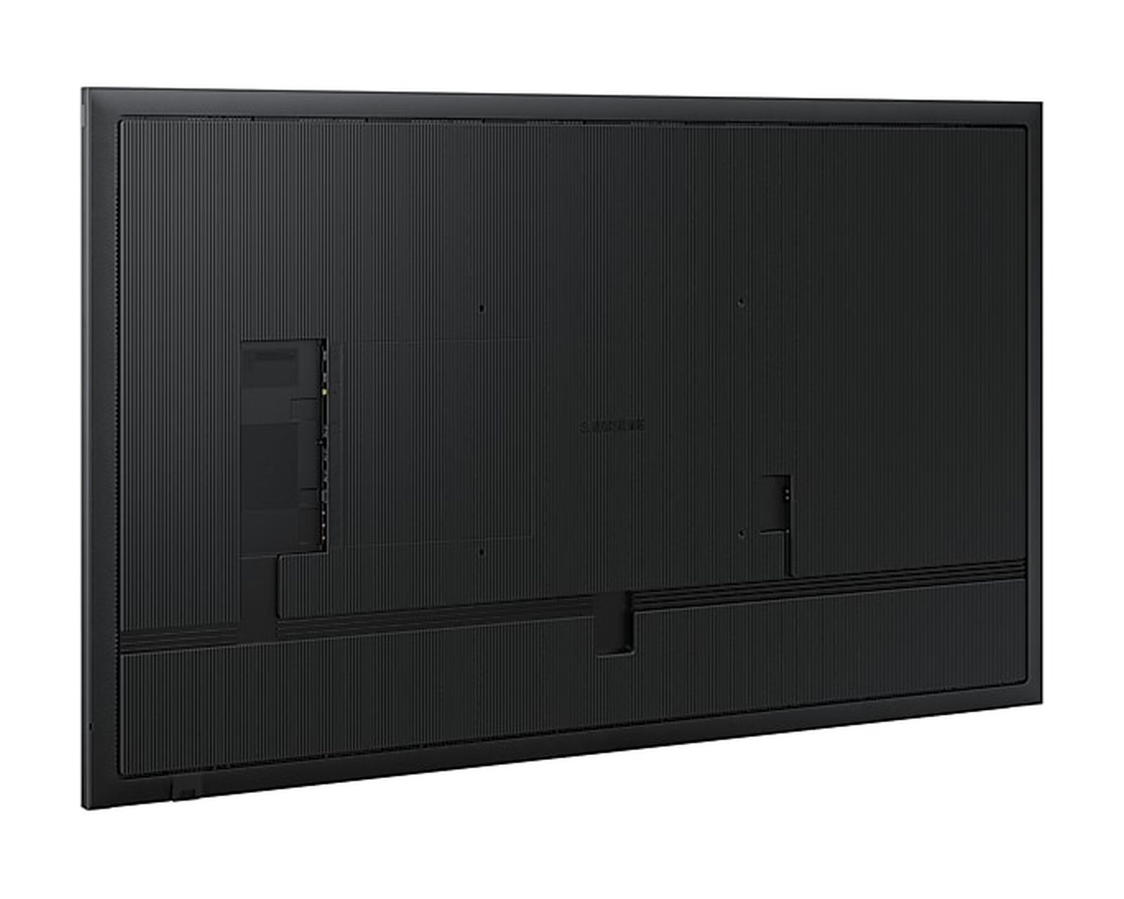 Retro di una TV rettangolare nera. Ha una superficie strutturata e porte visibili.