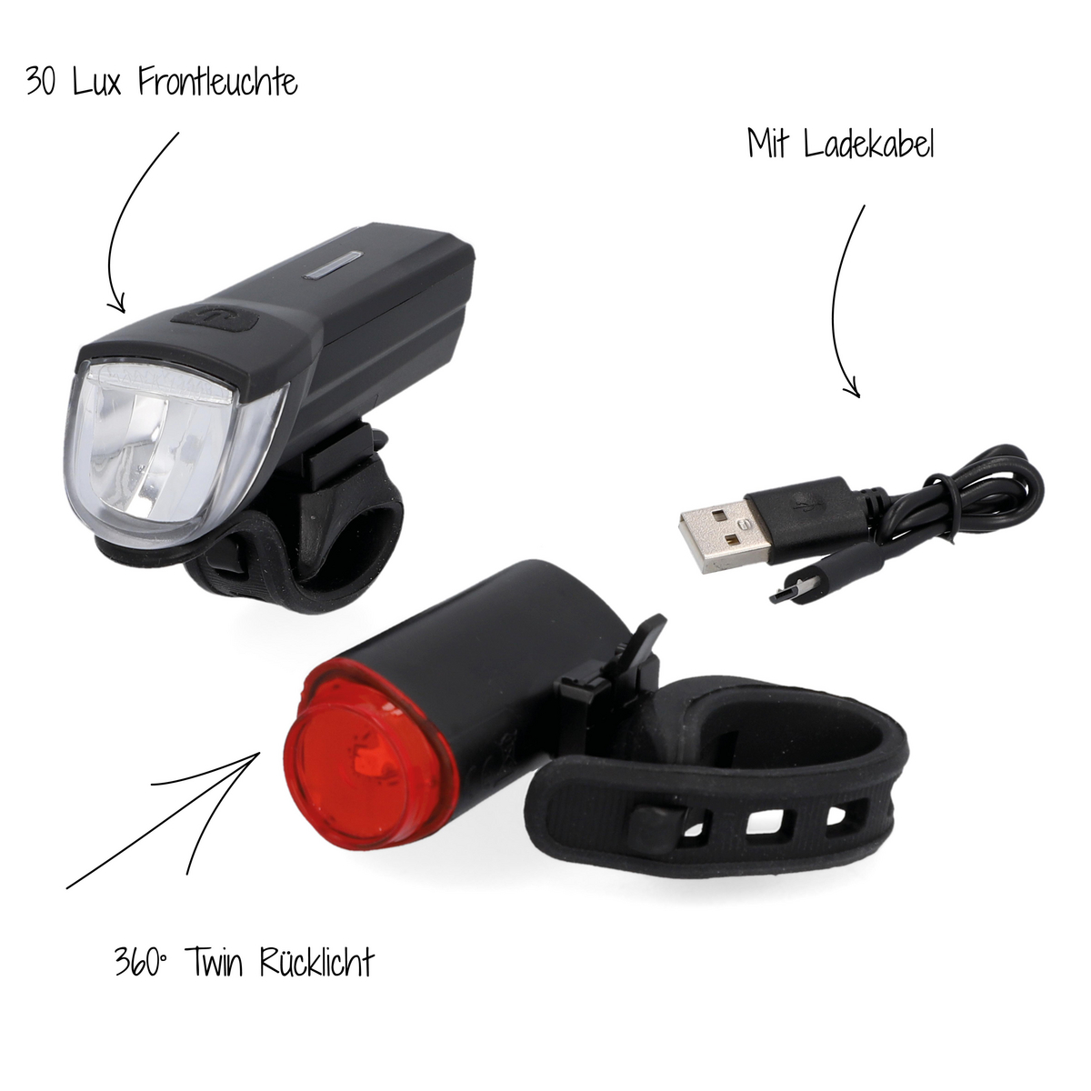 Fahrradlichter, einschließlich Front- und R ücklicht, mit einem Ladekabel.
