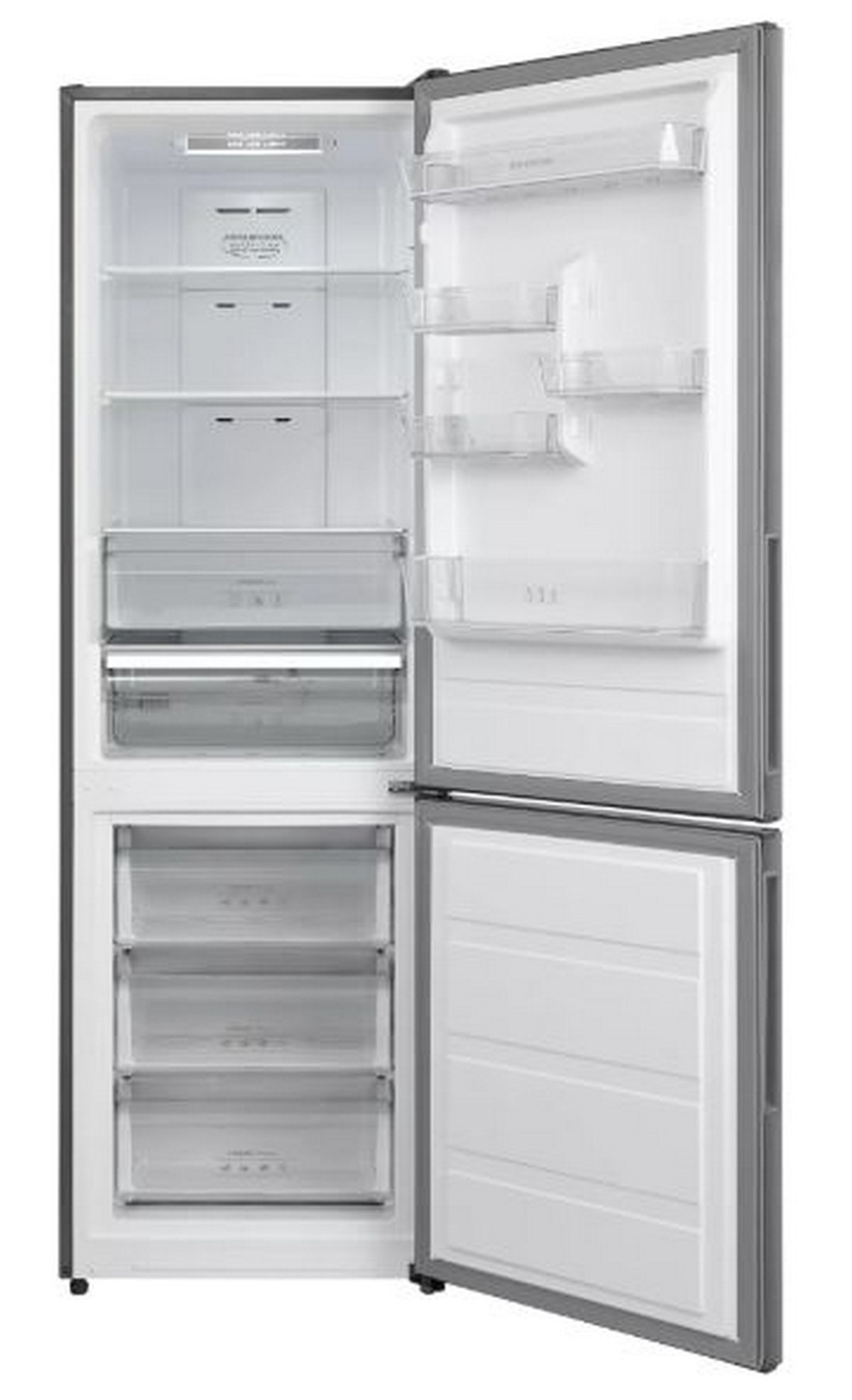 Refrigerador abierto con estantes, cajones. Puertas abiertas. Exterior gris.