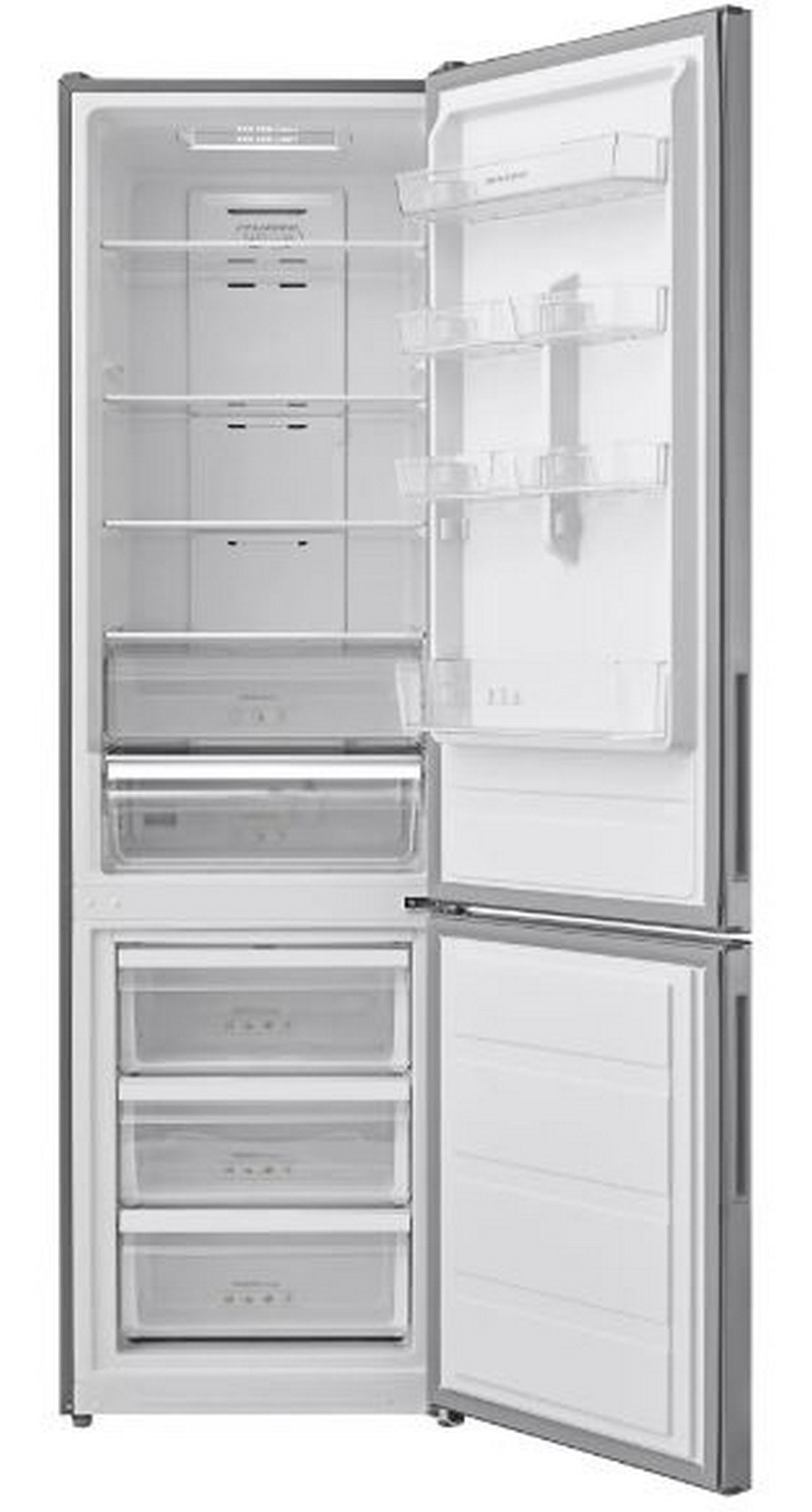 Un refrigerador abierto con estantes, cajones y artículos en el interior. El interior es blanco y el exterior gris.