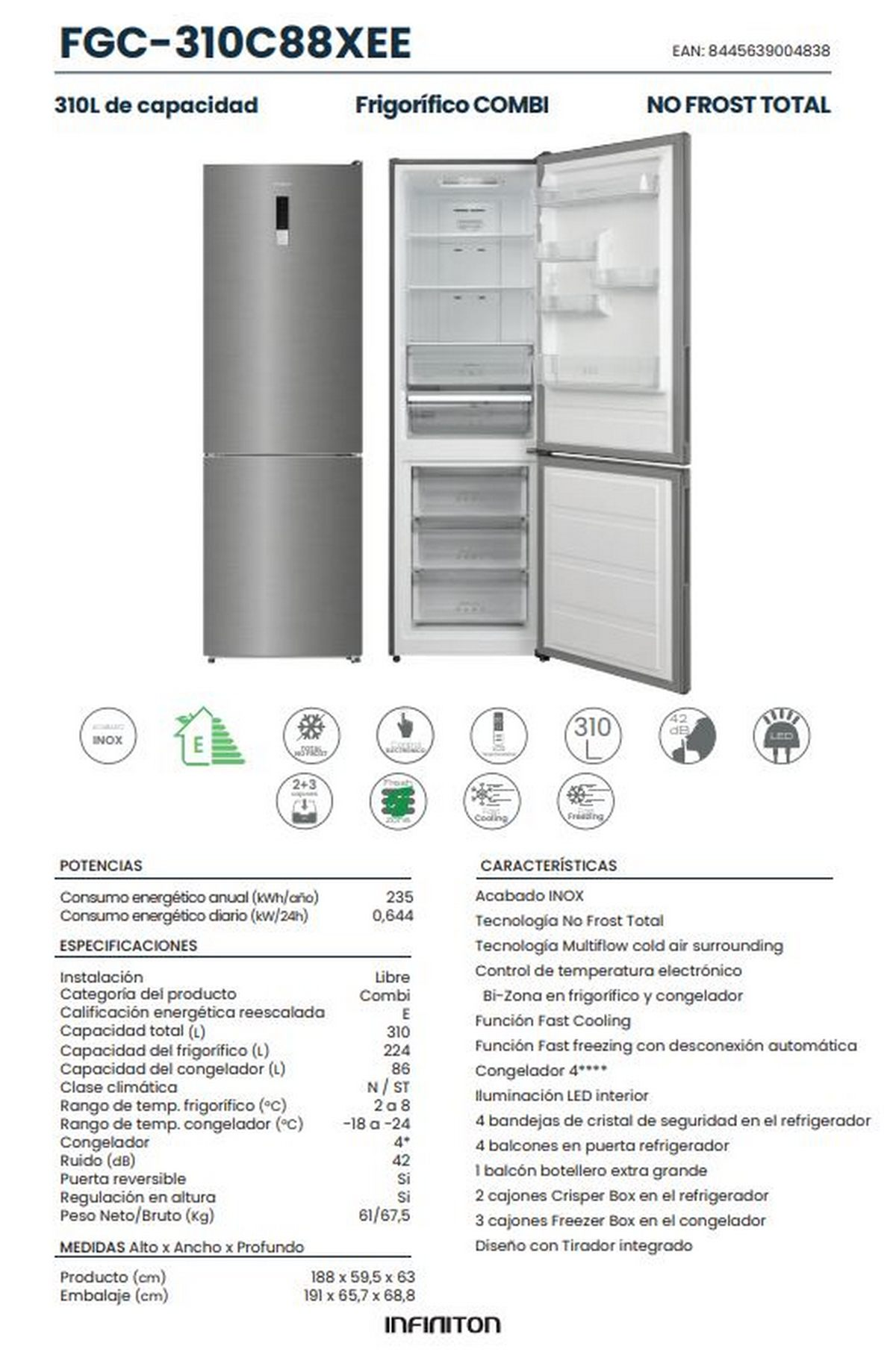 Un frigorífico combi Inifiton. Es de acero inoxidable y tiene las puertas abiertas.