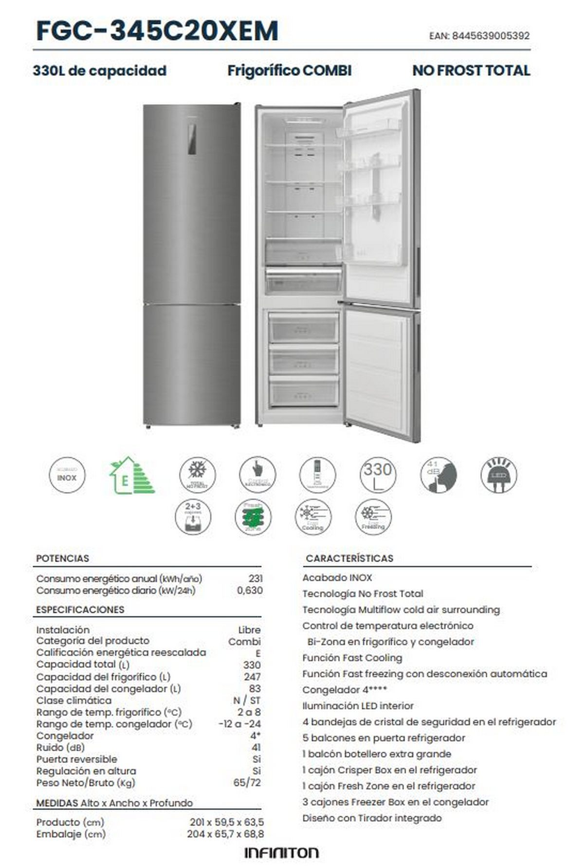 Refrigerador blanco y gris con puertas abiertas. Texto e iconos con especificaciones en el lateral.