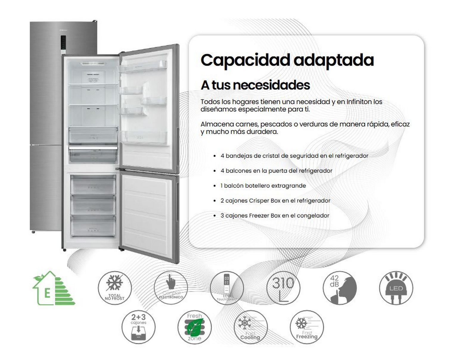 Refrigerador plateado con puerta abierta, mostrando estantes. Texto en el lado derecho.
