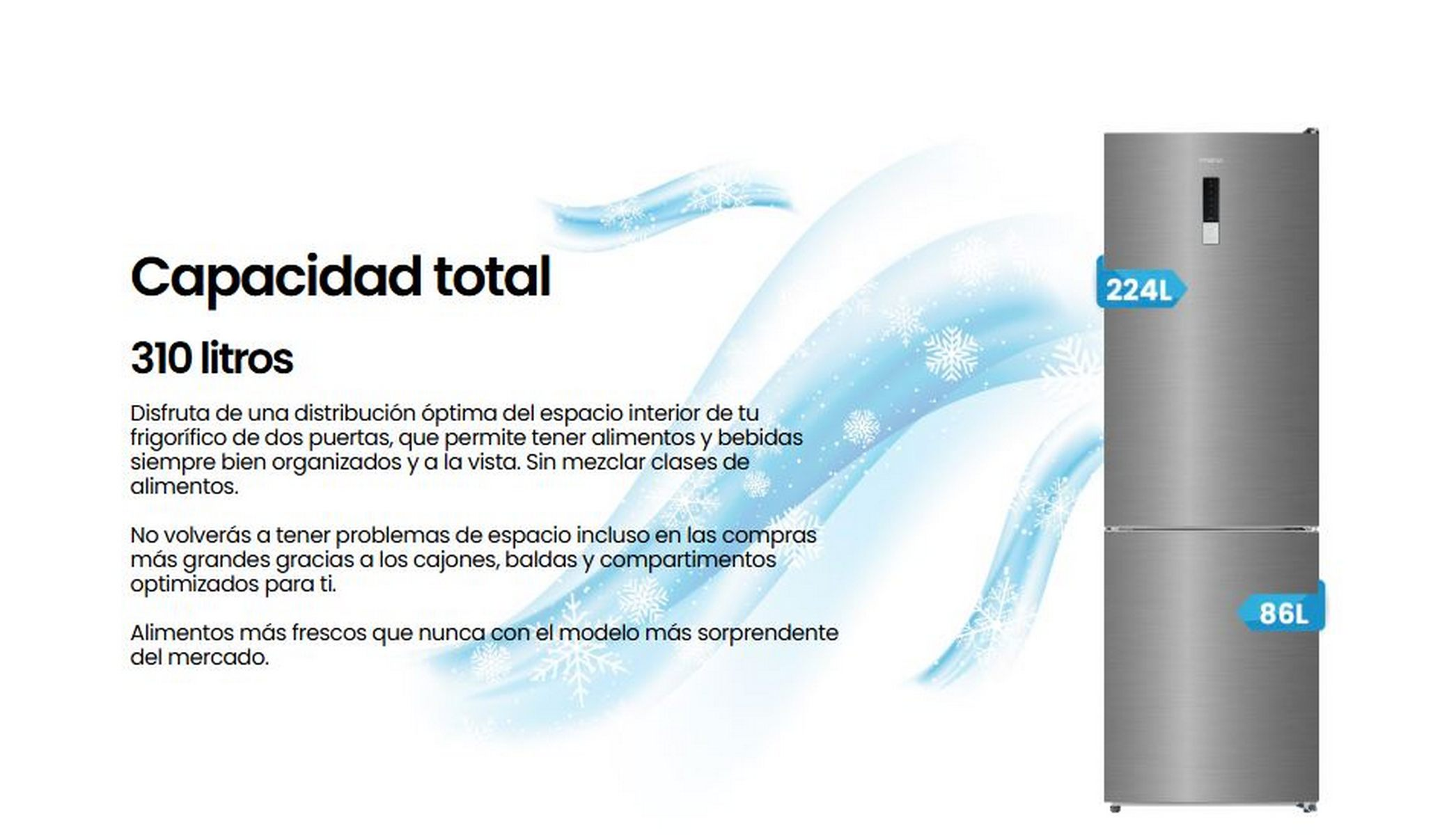 Un refrigerador de acero inoxidable con dos puertas, texto a la izquierda y un gráfico azul de copos de nieve.