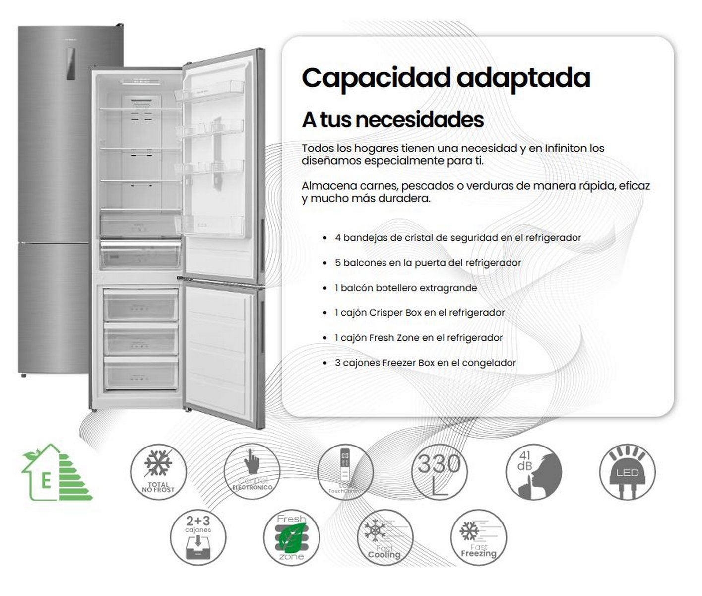 Un refrigerador Samsung con puertas abiertas, mostrando estantes y cajones con texto.