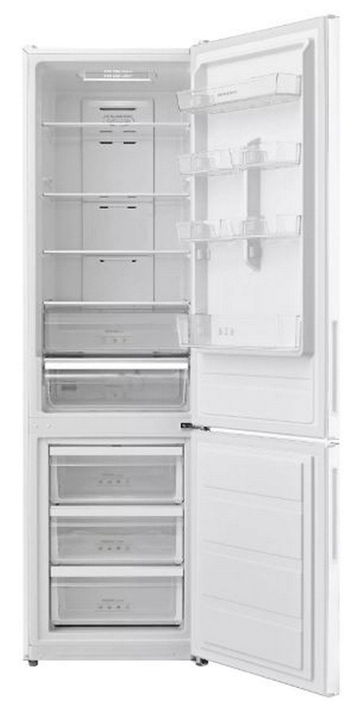 Refrigerador blanco con puertas abiertas. Los estantes interiores son visibles, que contienen alimentos.