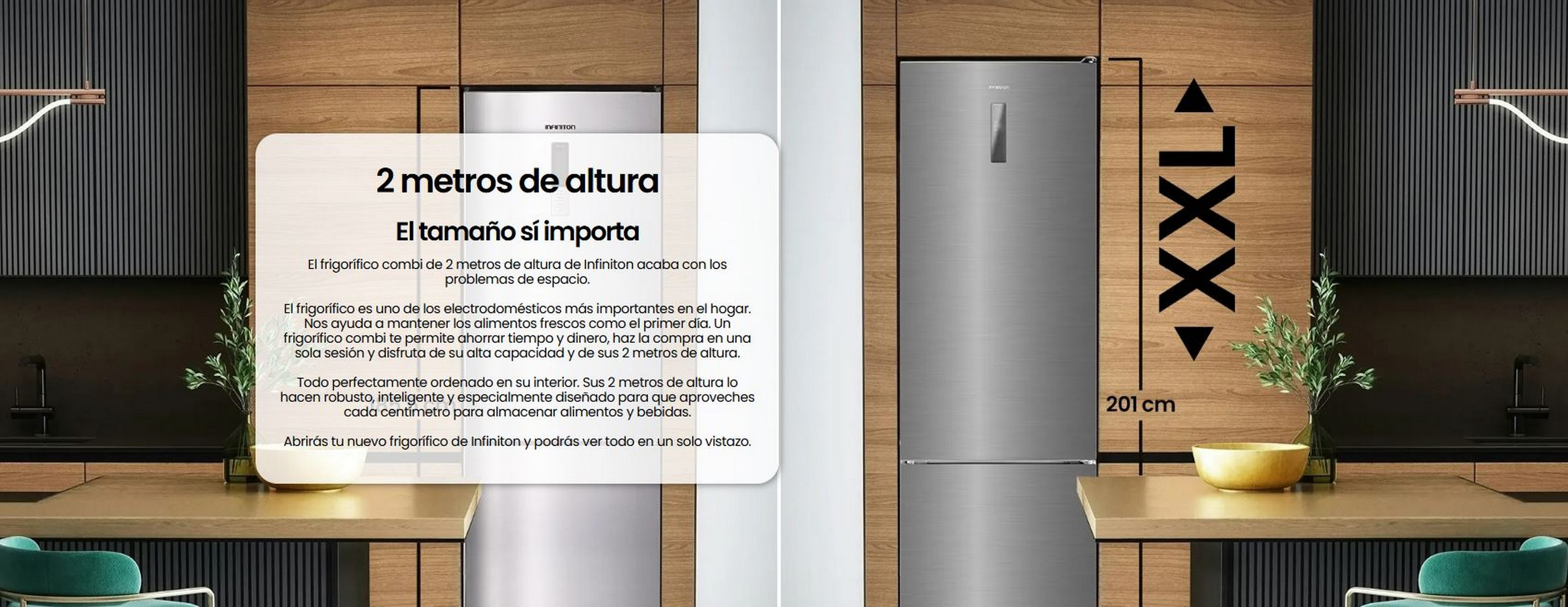 Un refrigerador alto de acero inoxidable en un entorno de cocina moderna, enmarcado por gabinetes y encimeras de madera.