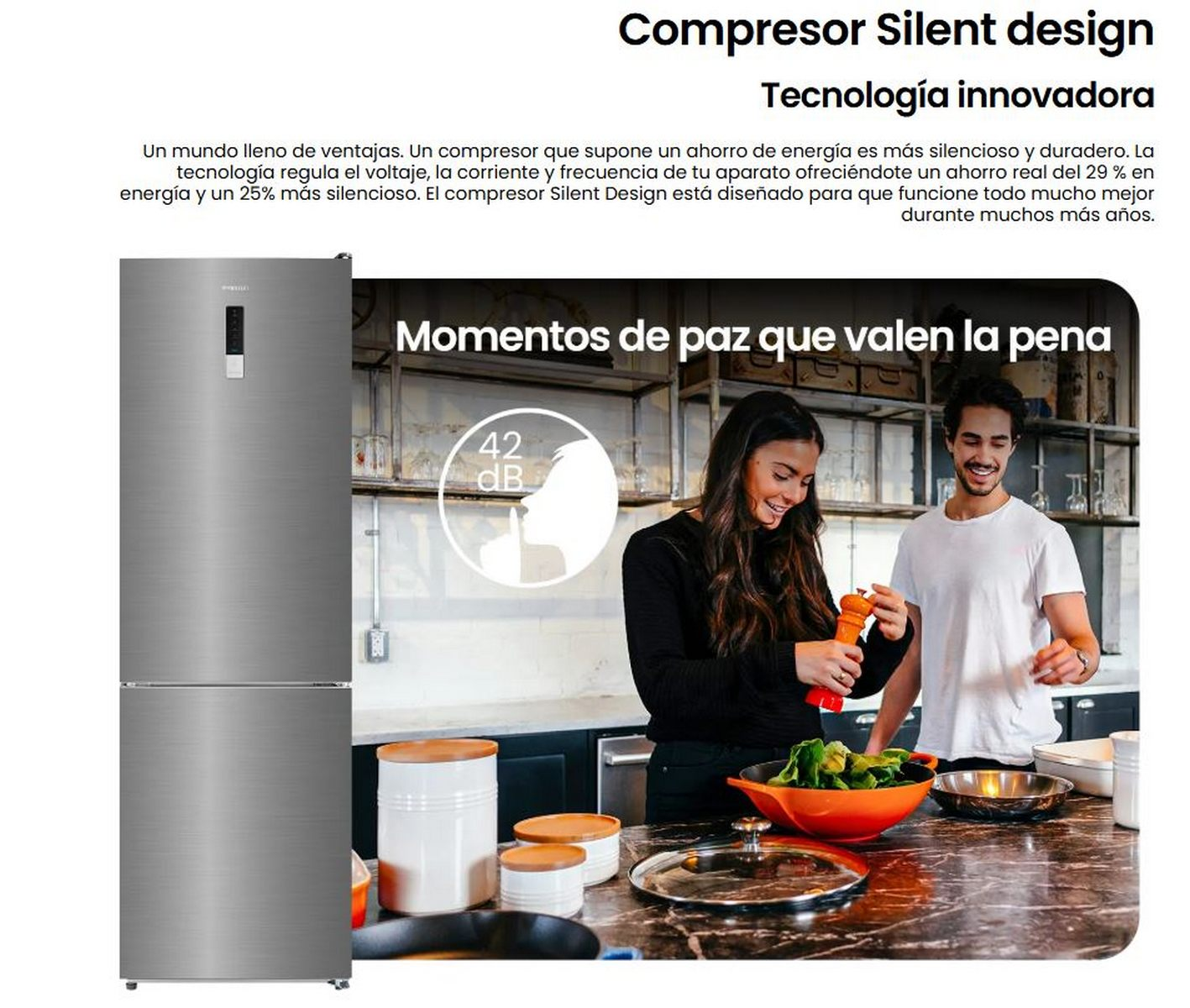 Un refrigerador plateado con texto y una pareja cocinando. Tiene un congelador en la parte inferior.