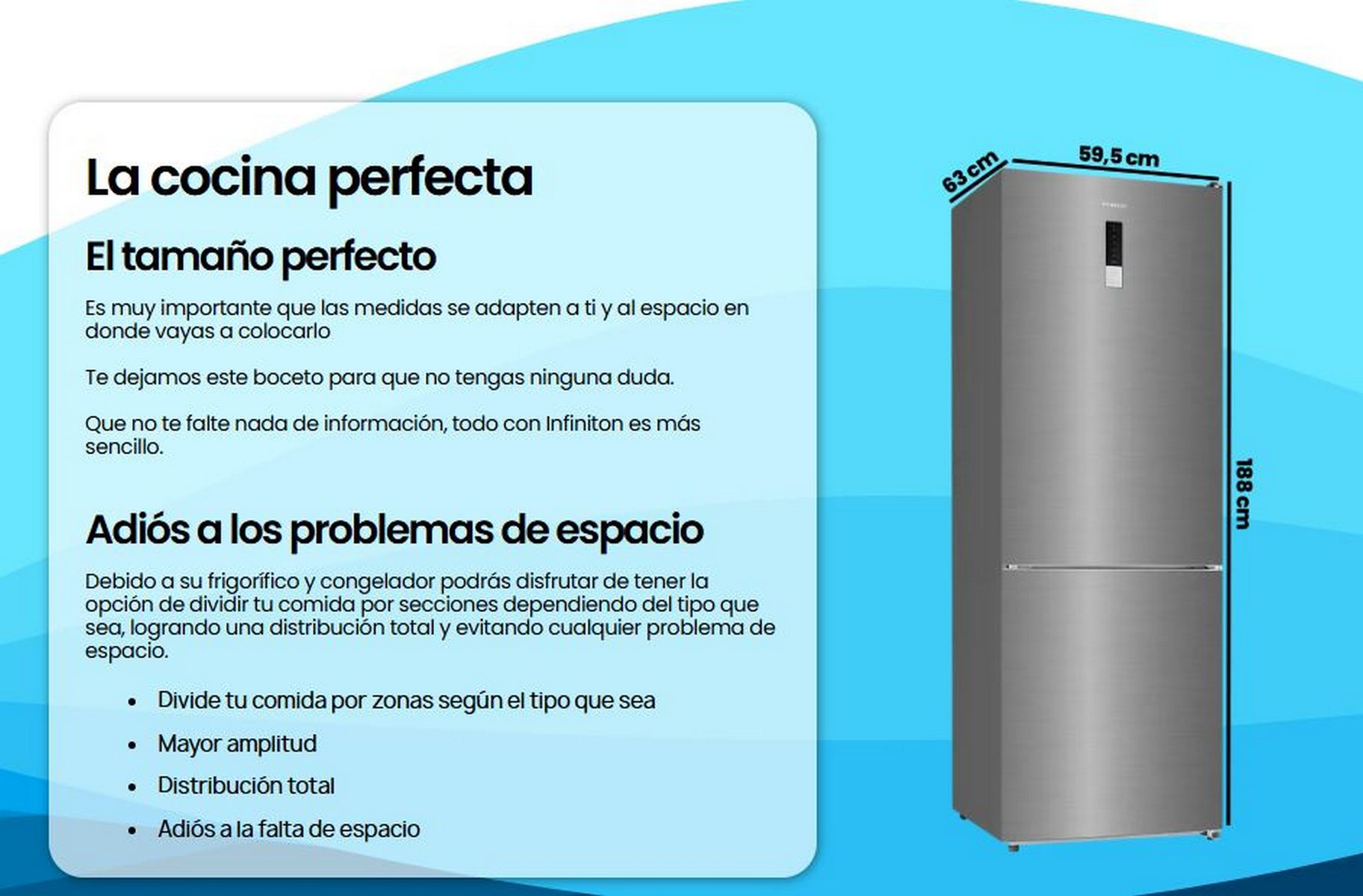 Nevera plateada con superposición de texto, con dimensiones. Fondo blanco.