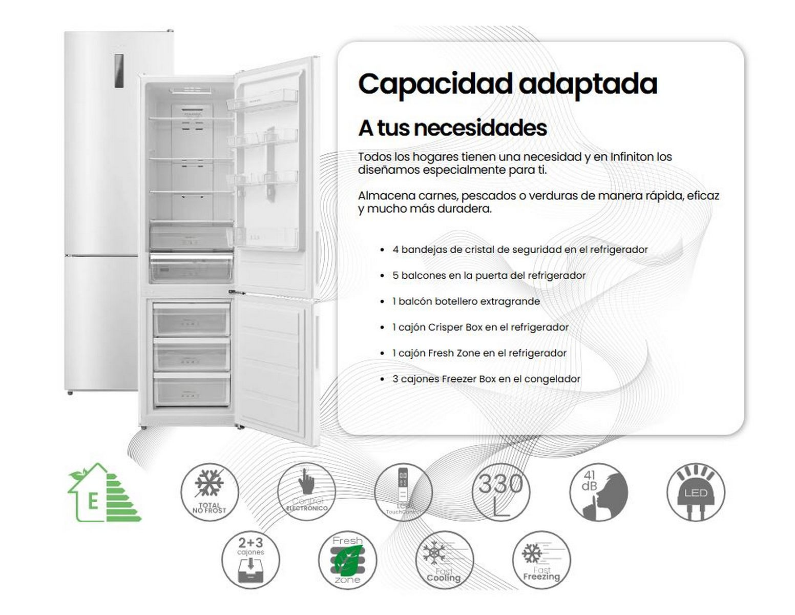Un refrigerador blanco con puertas abiertas, mostrando estantes. El texto describe características en español.