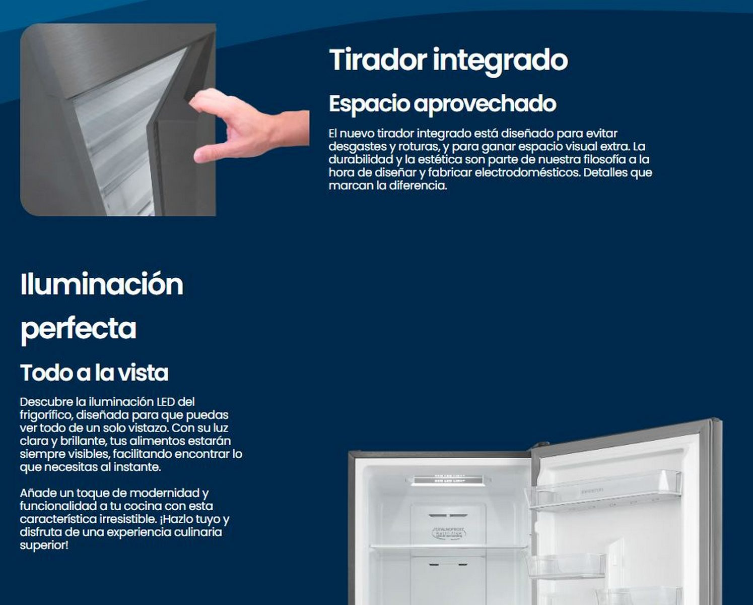Una imagen promocional que describe las características de un refrigerador, con texto e imágenes.