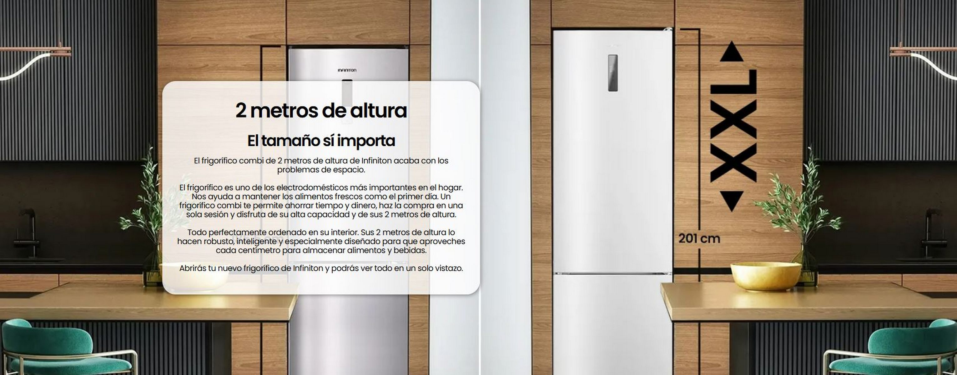 Un refrigerador blanco con interior negro, mostrado en un entorno de cocina.