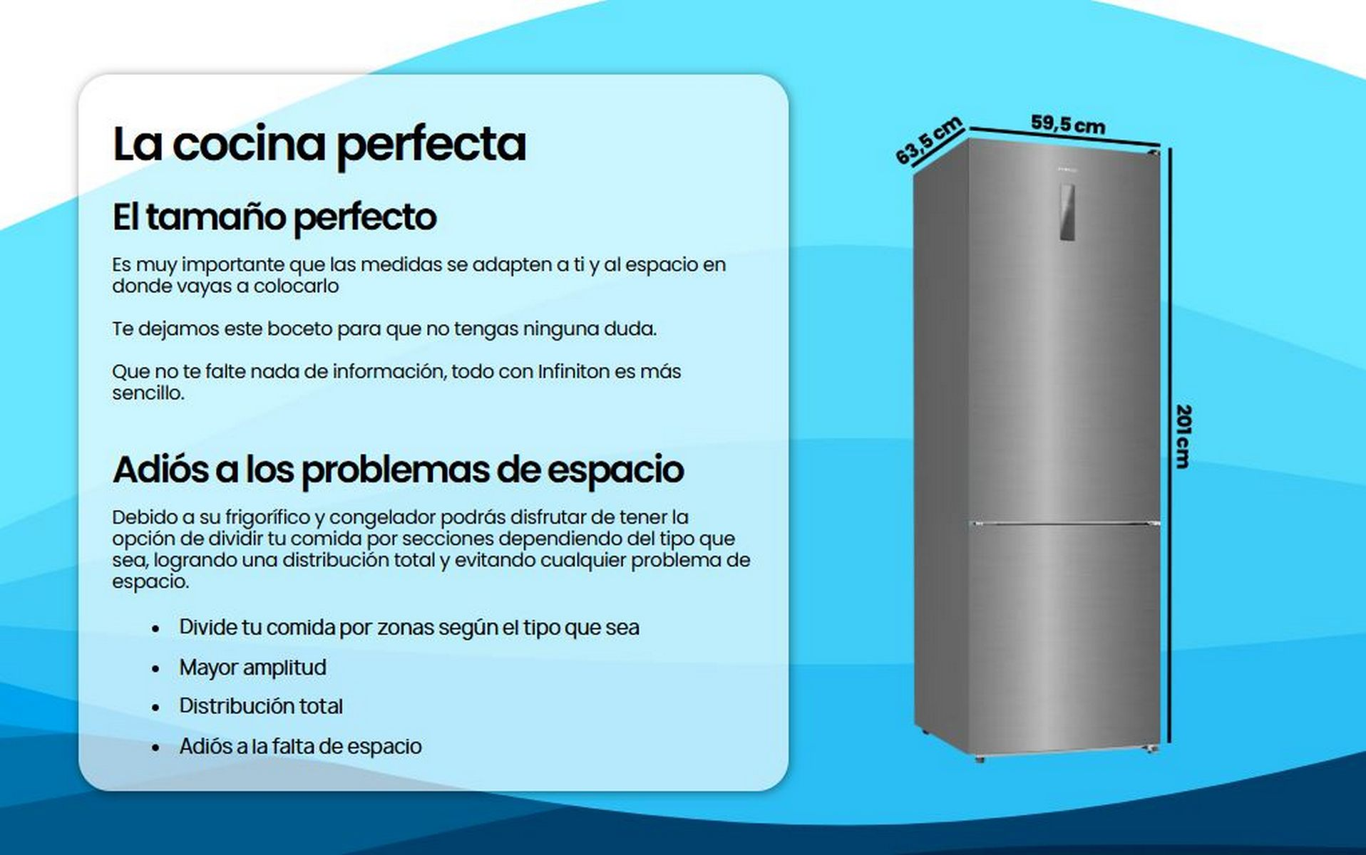 Un refrigerador plateado con texto sobre el tamaño perfecto de la cocina y dimensiones de 201x59.5x63.5 cm.