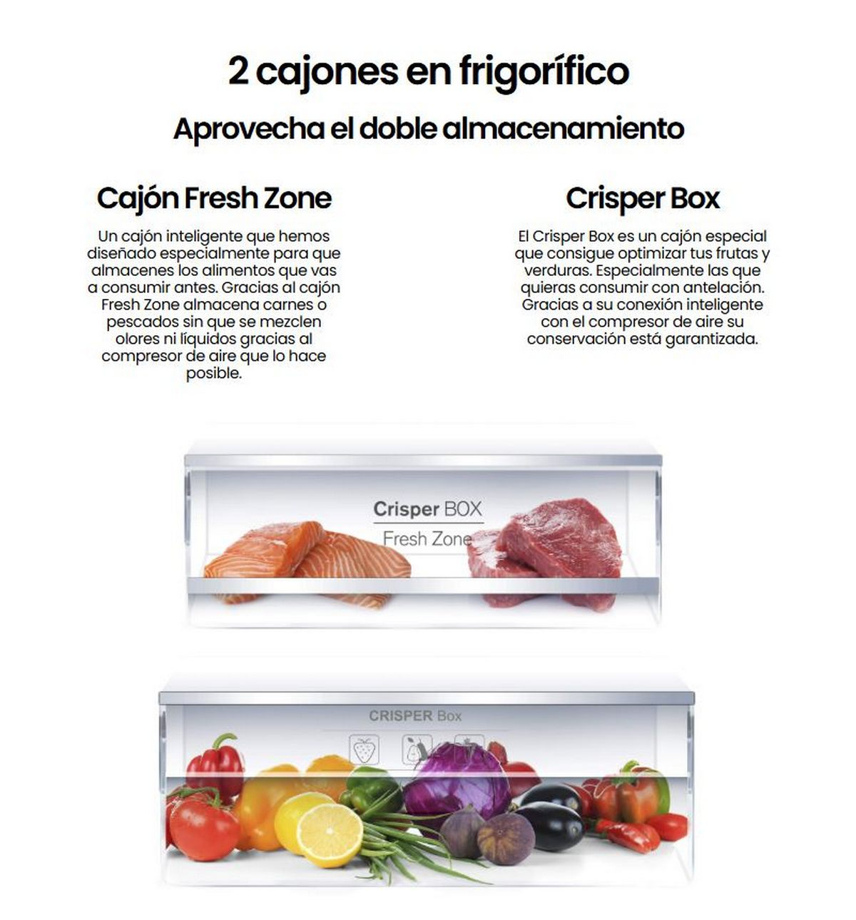 Dos cajones de nevera con texto. Uno con salmón, otro con verduras.