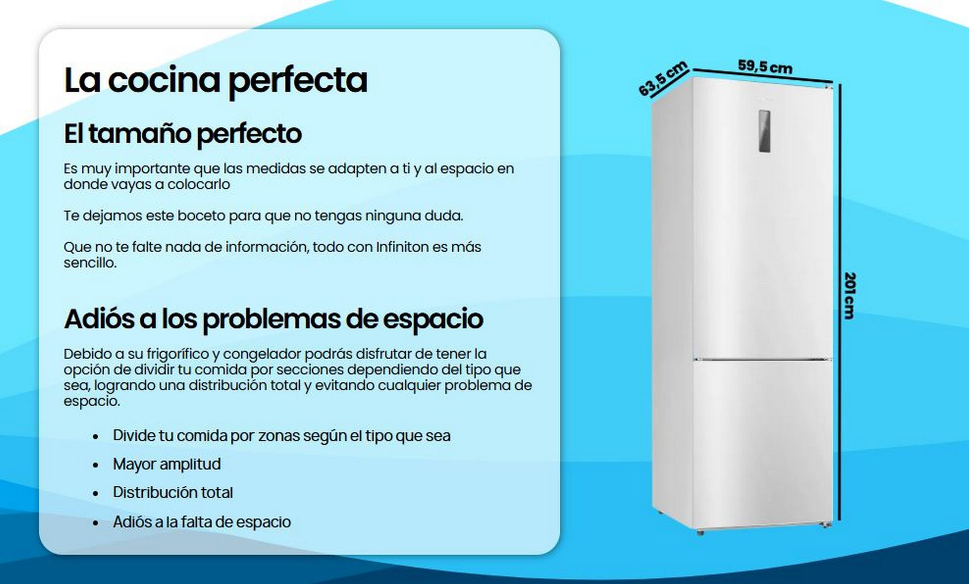 Refrigerador blanco con texto en español, dimensiones. Texto sobre los beneficios del refrigerador.