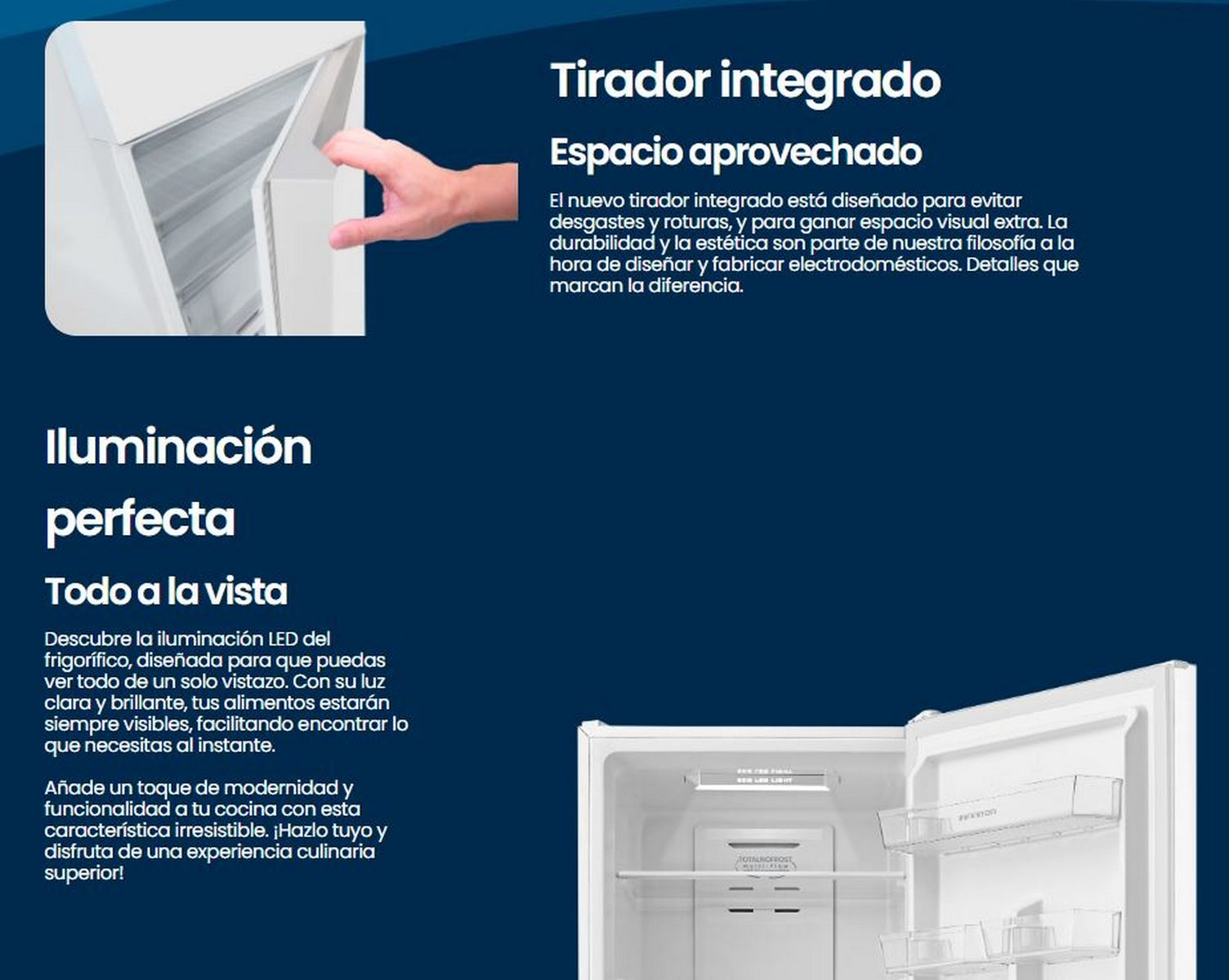Un refrigerador con la puerta abierta mostrando características internas y texto.