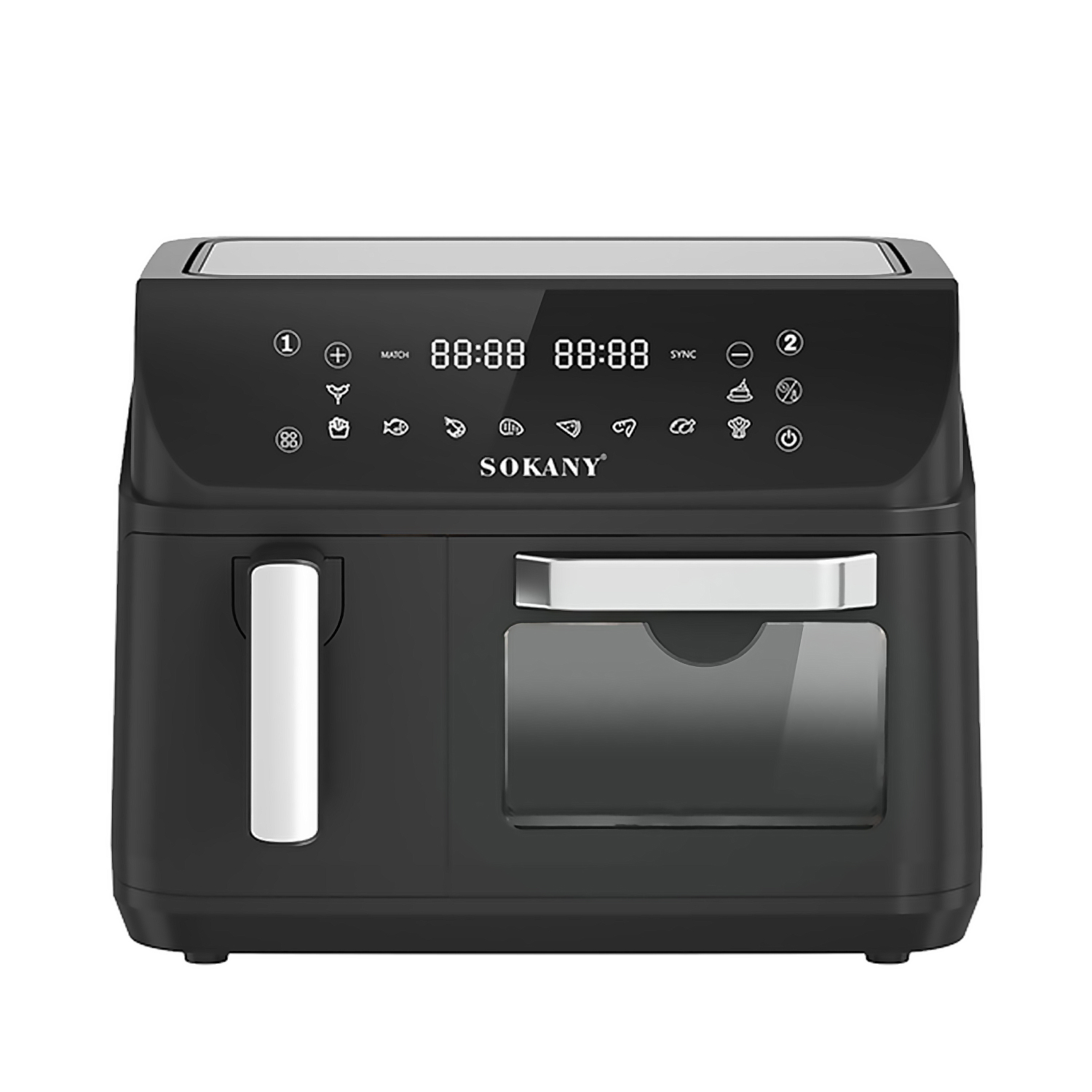 Friggitrice ad aria nera con display digitale, pulsanti e finestra di visualizzazione.