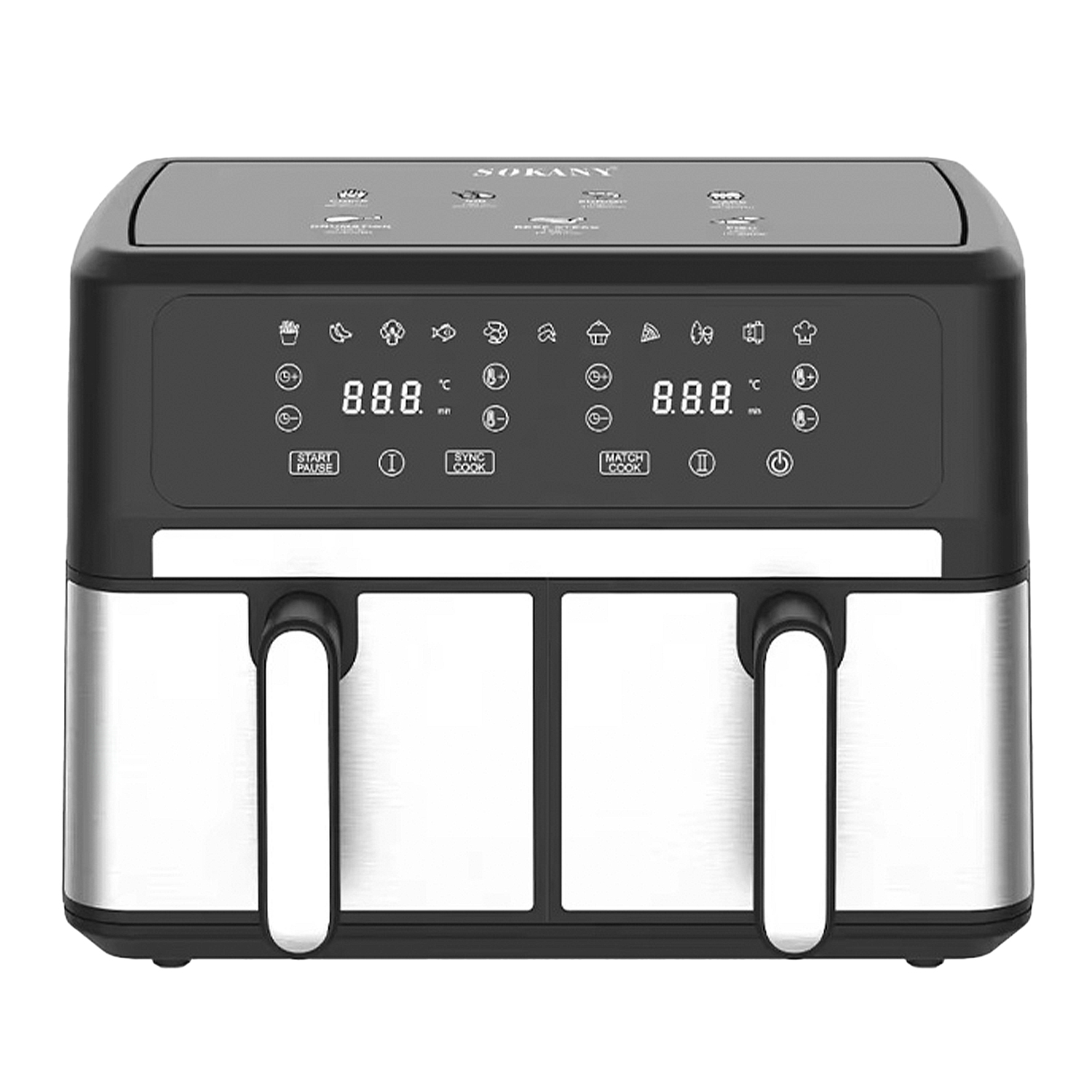 Friggitrice ad aria Sokany nera e argento con due scomparti e display digitali.