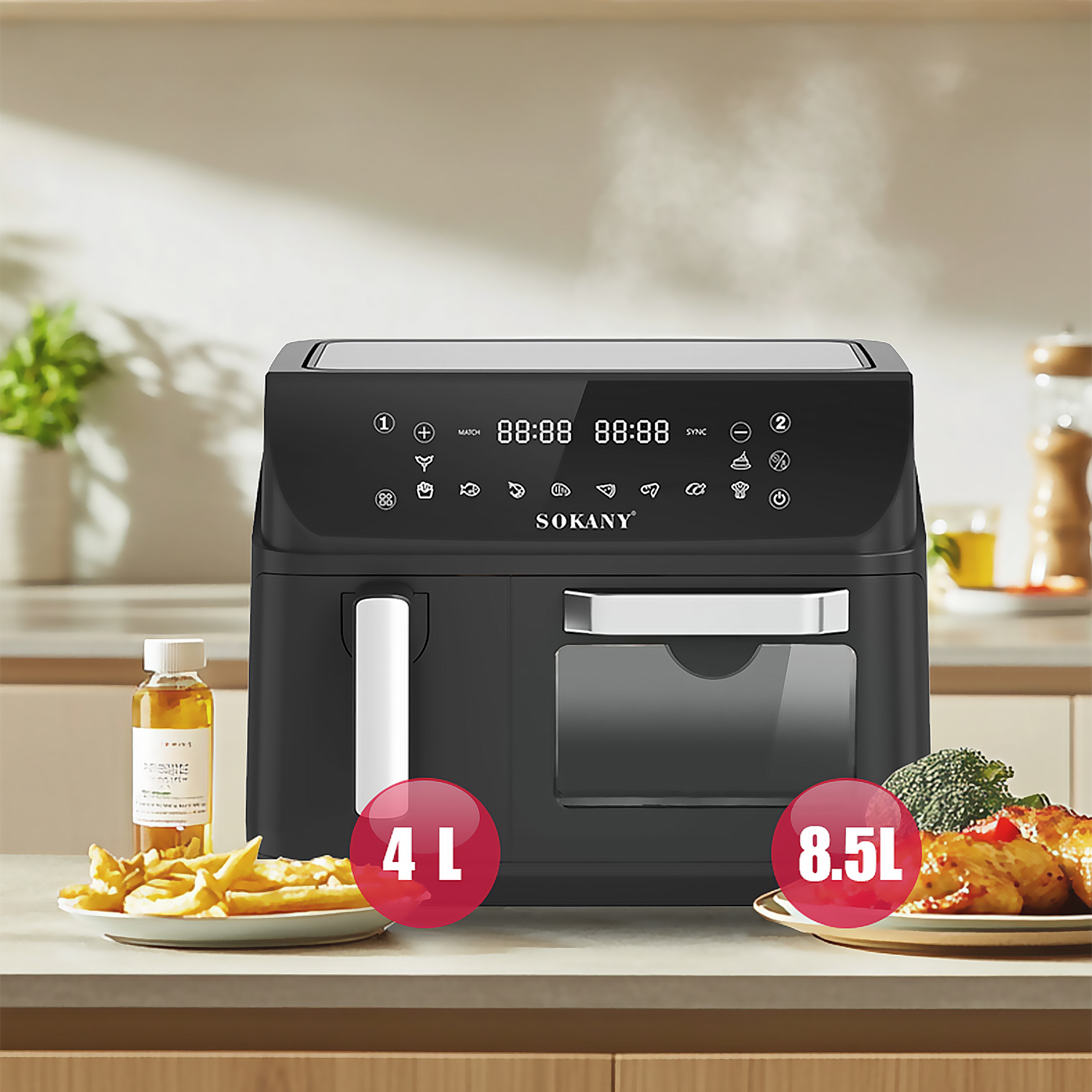 Una friggitrice ad aria Sokany nera con cibo e quantità segnate 4L e 8.5L. Sale vapore.