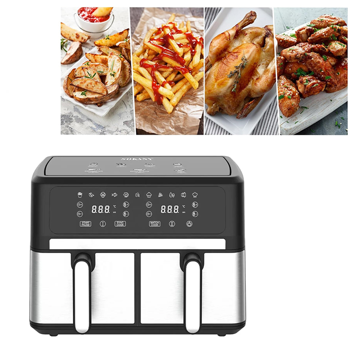 Una friggitrice ad aria con vari alimenti: patatine fritte, pollo e altro.