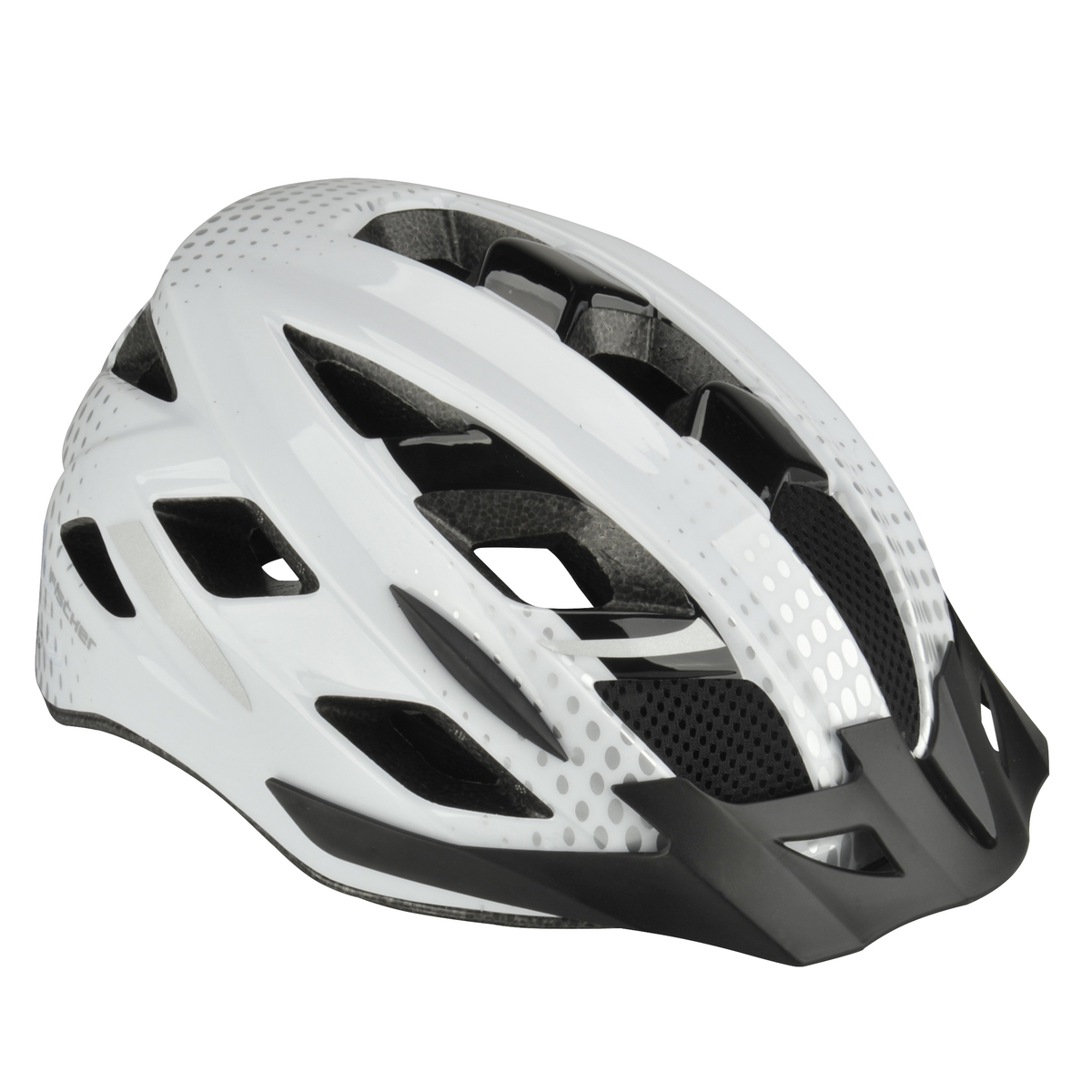 Weiß-schwarzer Fahrradhelm mit Belüftungslöchern.