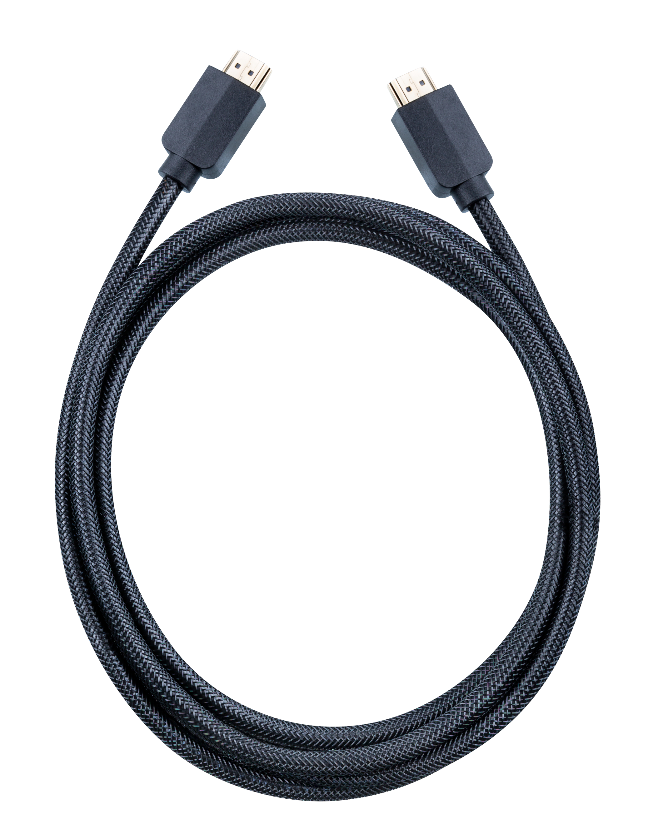 Zwarte HDMI-kabel opgerold. Twee zwarte connectoren met goudkleurige HDMI-poorten. Witte achtergrond.