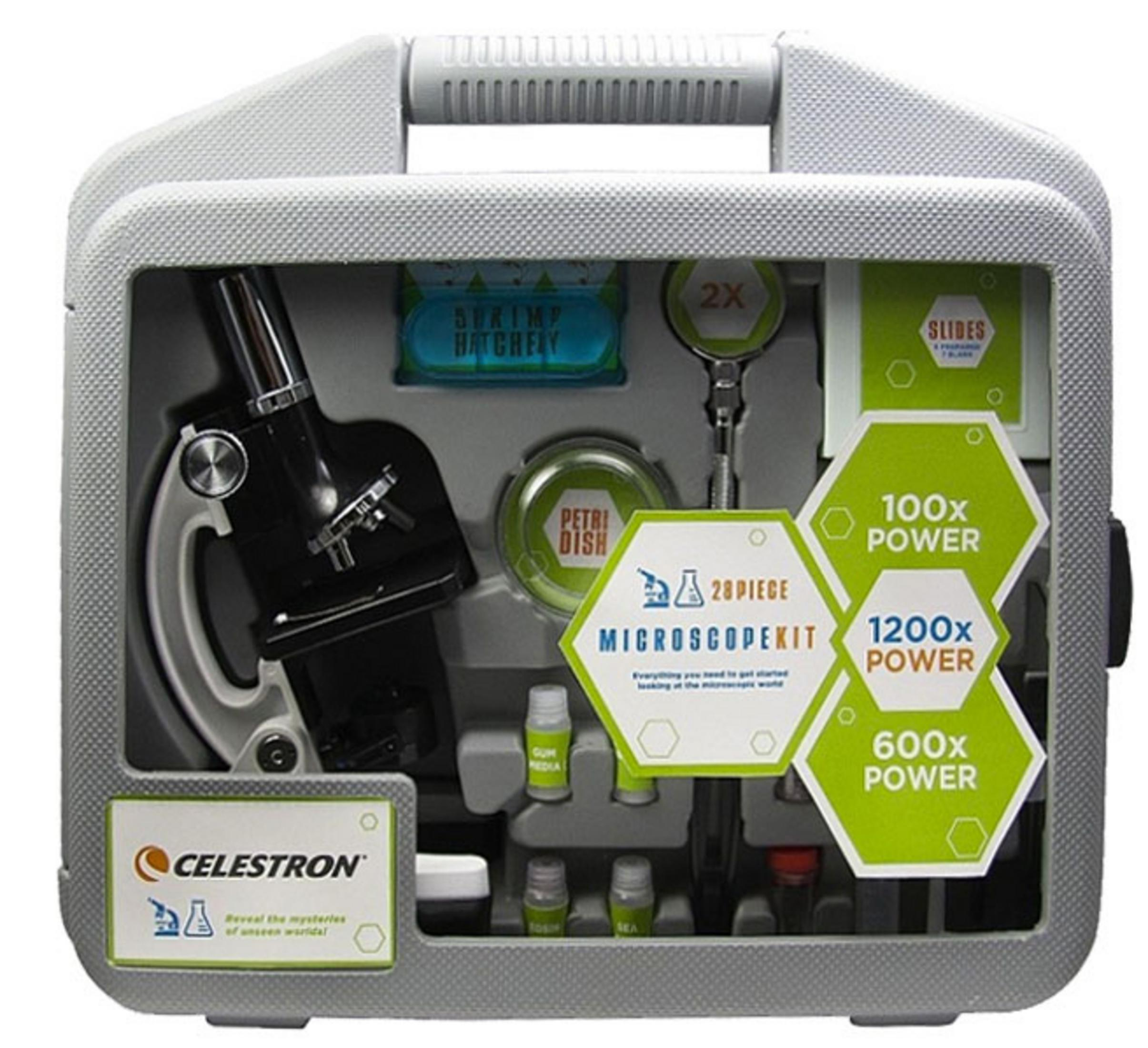 Mikroskop-Set in einem grauen Koffer. Das Set enthält Mikroskop, Objektträger und weiteres Zubehör.