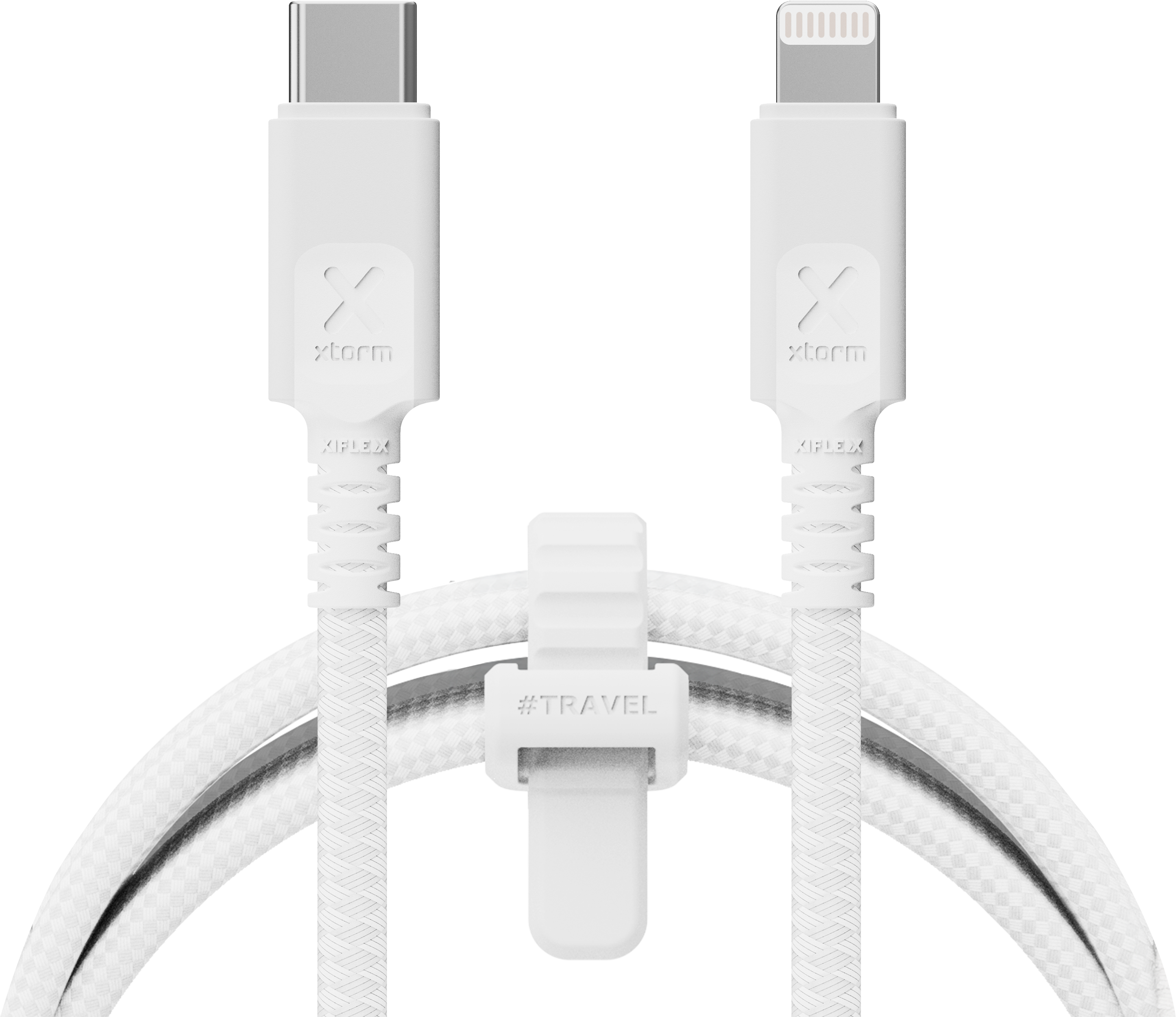Cavo bianco USB-C a Lightning. Bianco con etichetta #TRAVEL. Cavo bianco con motivo strutturato.