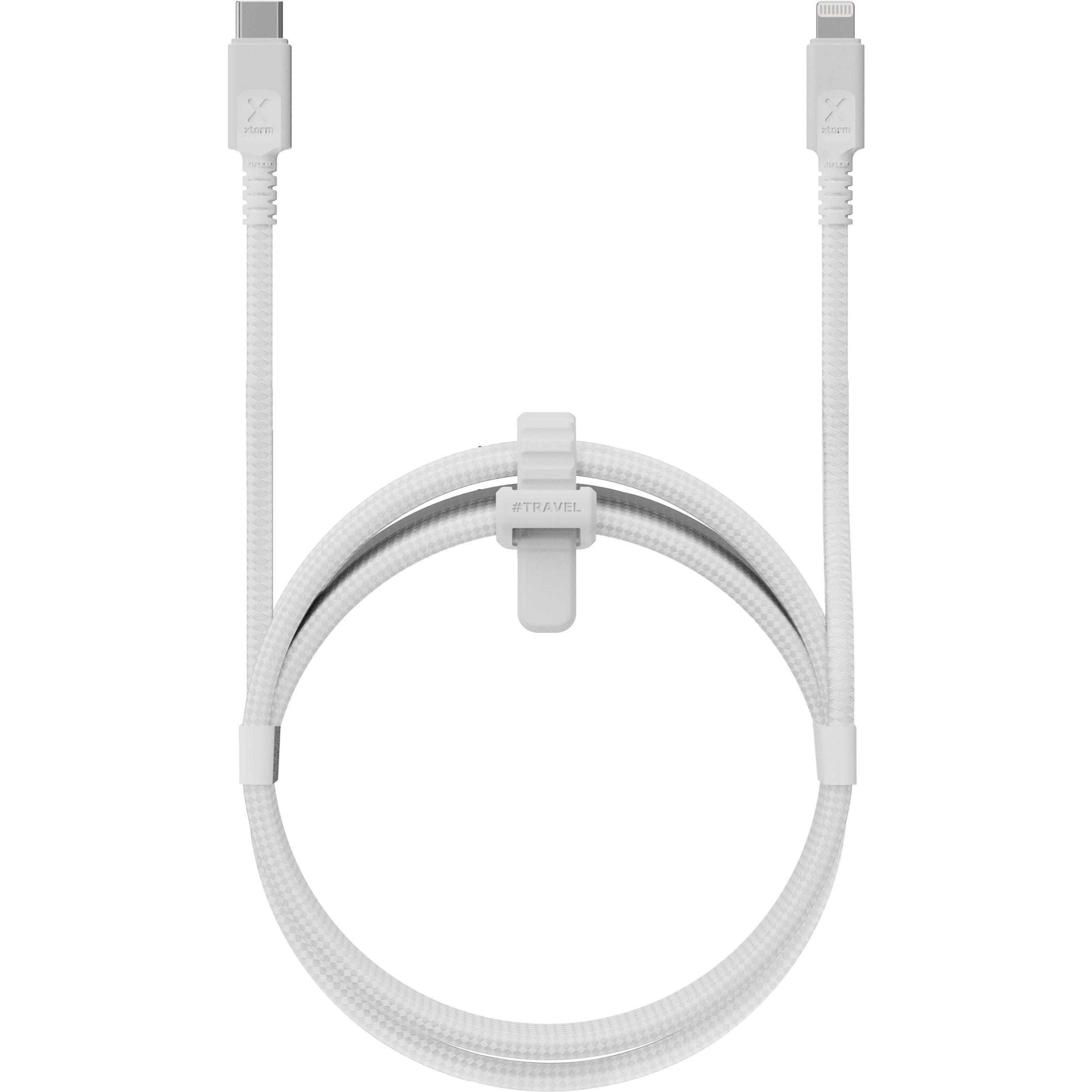 Cavo di ricarica bianco con due connettori e una clip centrale. Sfondo nero.