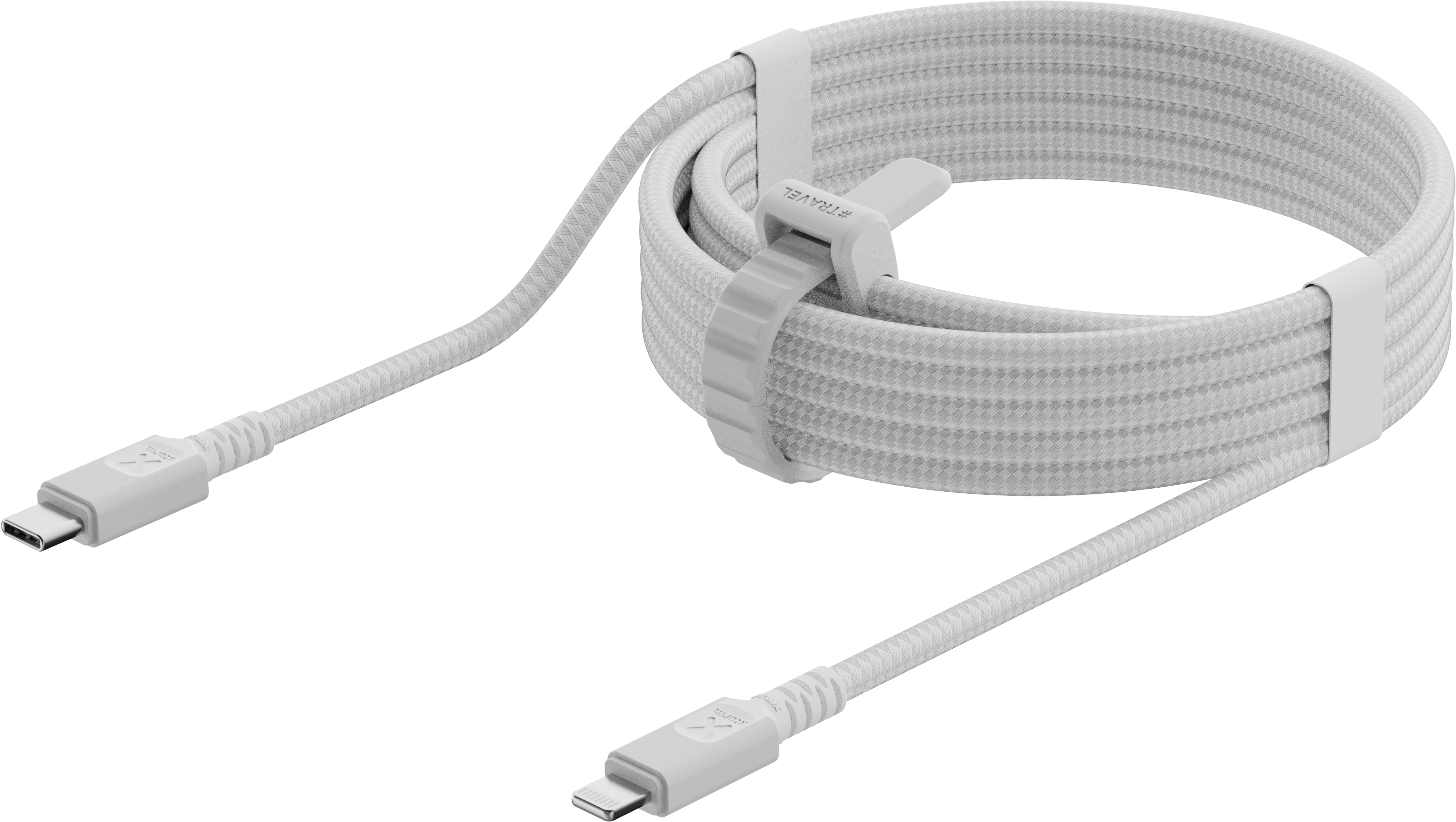 Cavo USB-C bianco arrotolato e fissato con un cinturino bianco, con connettori a ciascuna estremità.