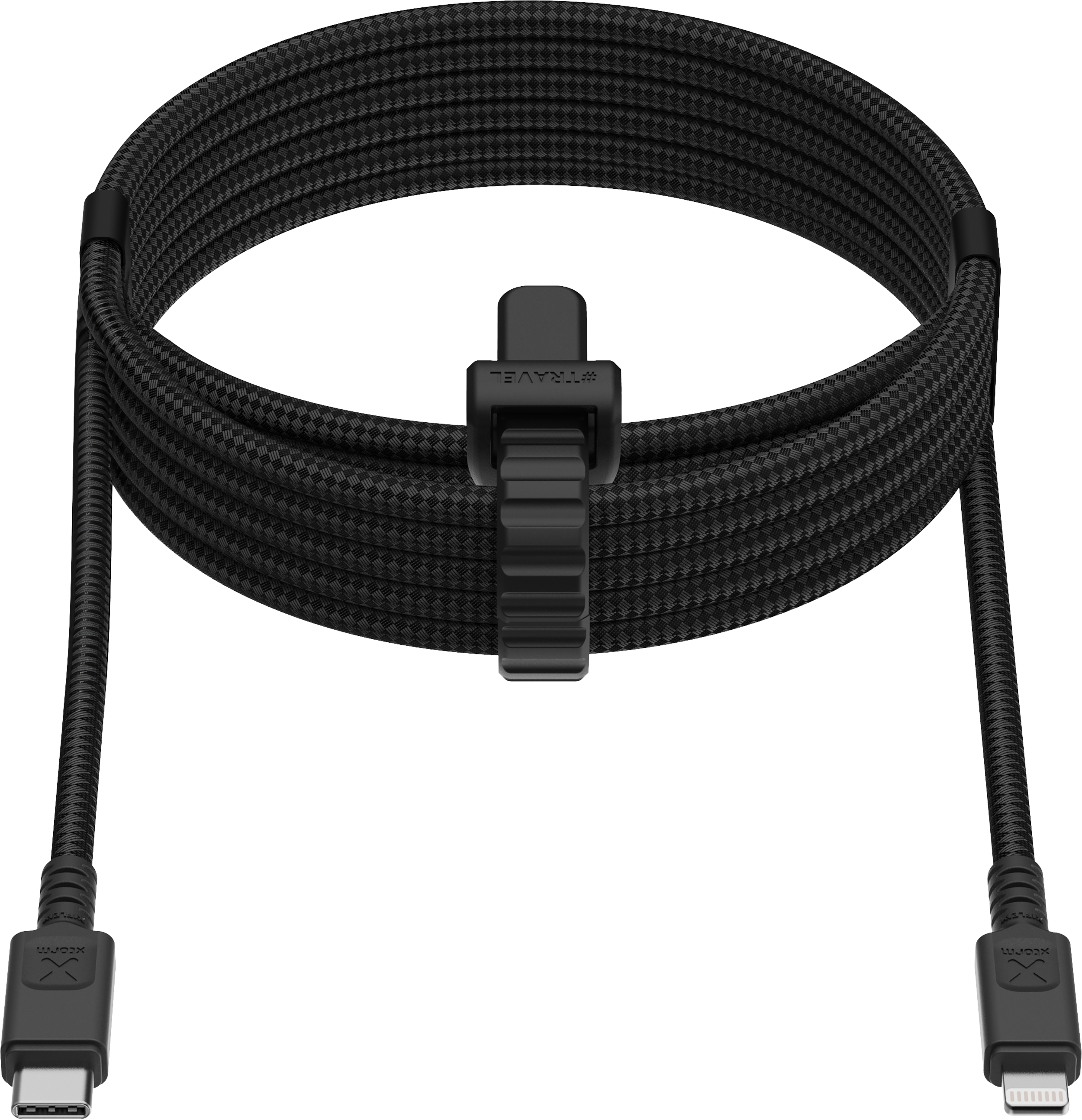 Câble USB tressé noir avec connecteurs Type-C et Lightning et clip.