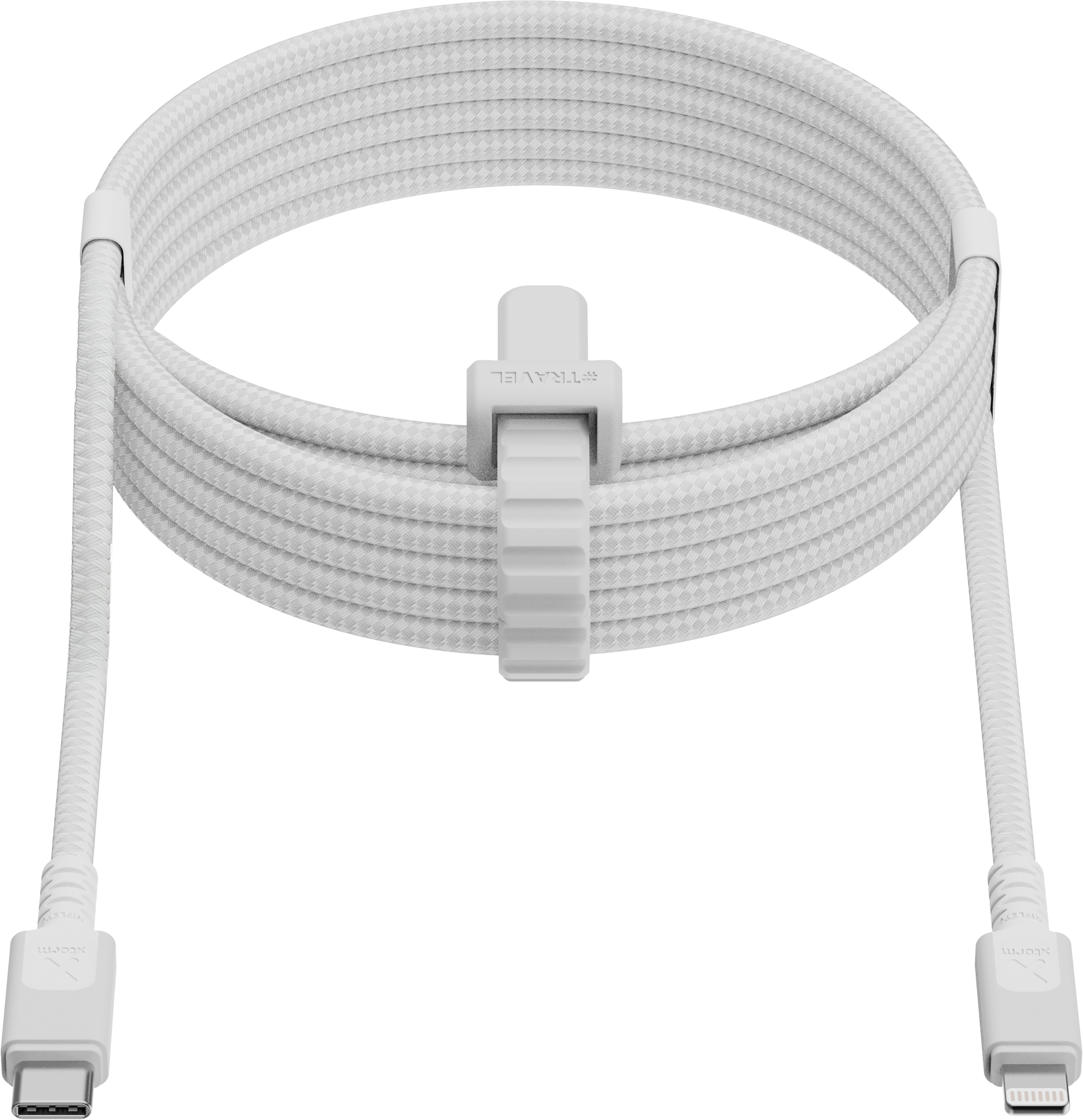 Un cavo da USB-C a Lightning bianco, ben arrotolato con un organizer per cavi.